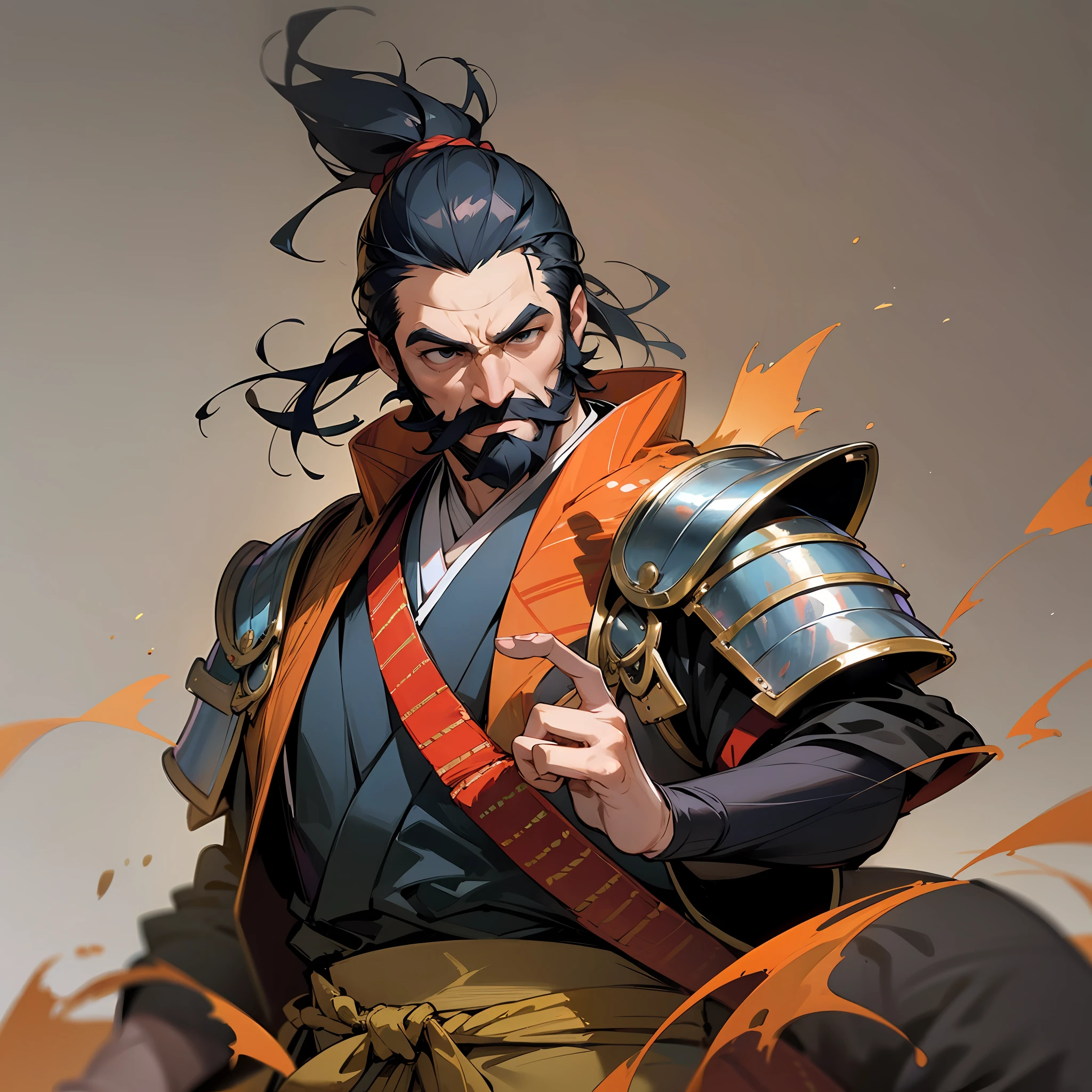 A middle-aged man,Clear facial features,There is a gentleman's beard under the nose,Flat expression,Japanese samurai dressed up,Armour,Holding a knife,Offensive action,The background is the dojo