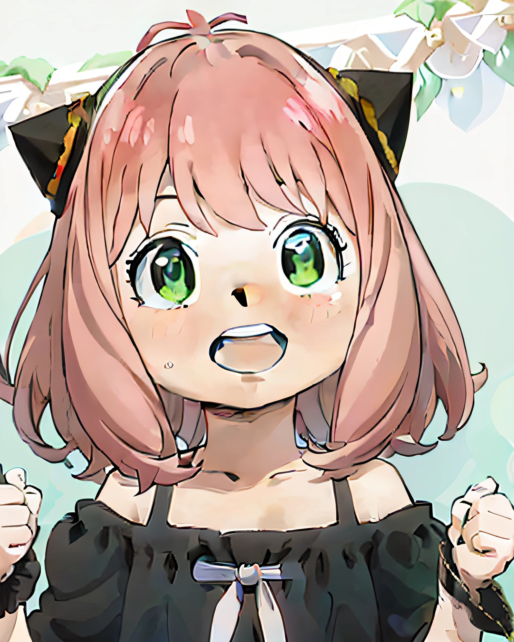 a anime girl with pink hair and green eyes pointing at something with a surprised look on her face and a black cat hat, (1girl:0.992), (:d:0.583), (bangs:0.701), (blush:0.584), (green eyes:0.992), (looking at viewer:0.711), (open mouth:0.760), (pink hair:0.917), (ribbon:0.826), (short hair:0.571), (smile:0.855), (solo:0.949), (teeth:0.770), (upper body:0.760)