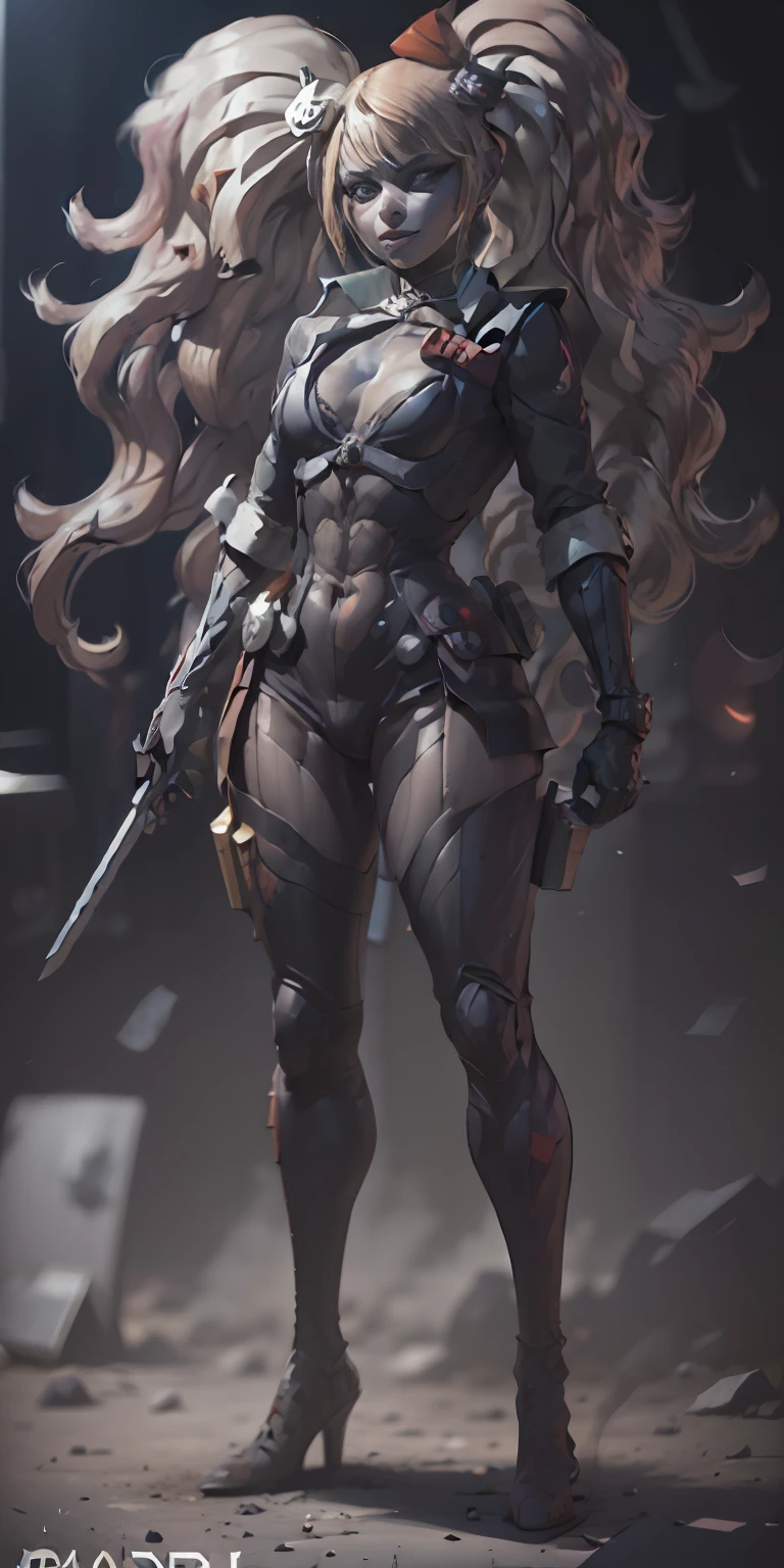 Samurai Harley Quinn from DC, big breasts, frontal, full-length, looking at the camera, facing the audience, standing pose, simple background, three-dimensional light, detailed full-body concept, sleek digital concept art, beautiful full-body concept art, art trend, full-length CGsociety,