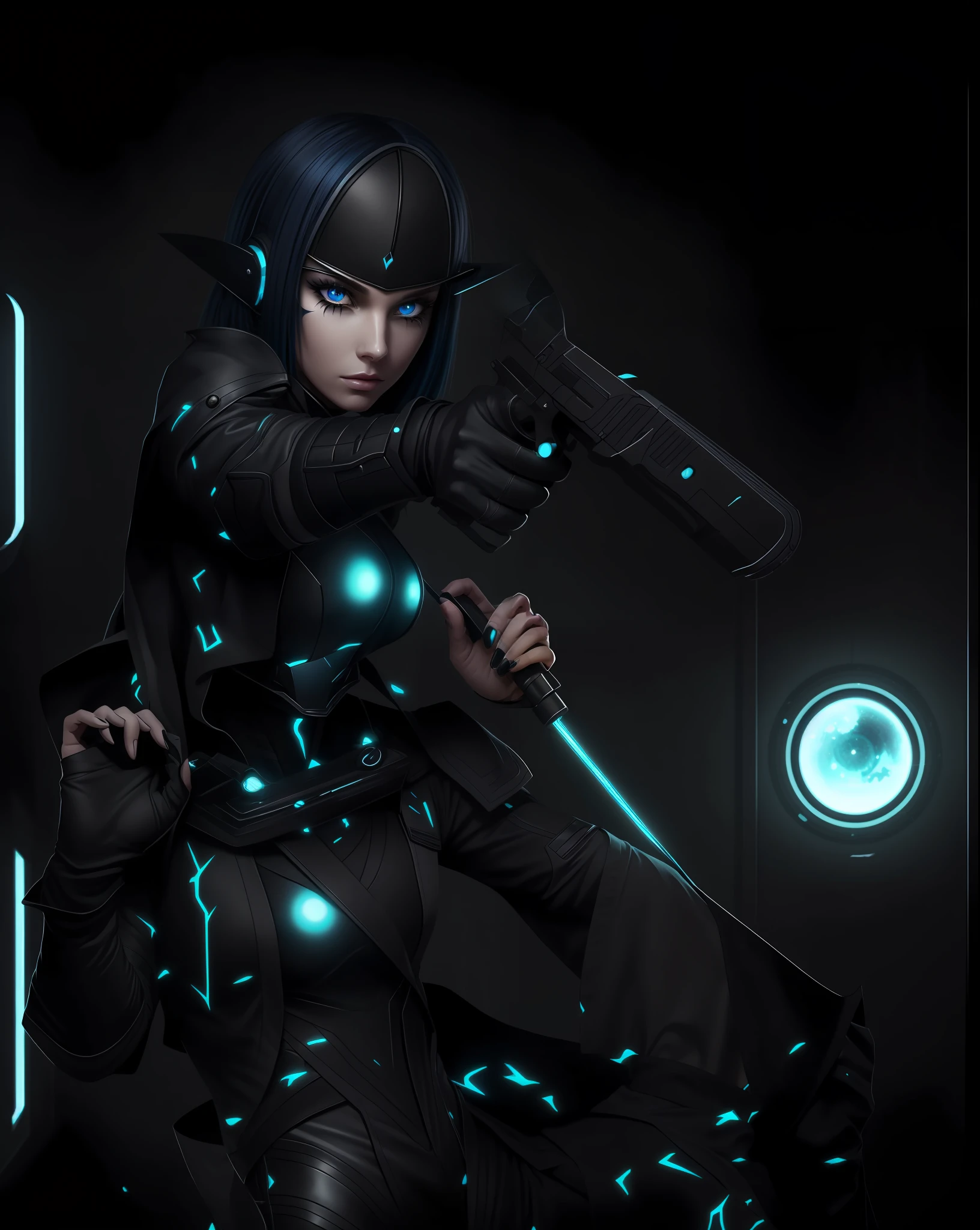 Turn the skin and the face grey, turn the sclera of the eyes black and the irises blue, turn the hair blue, make the style sci-fi