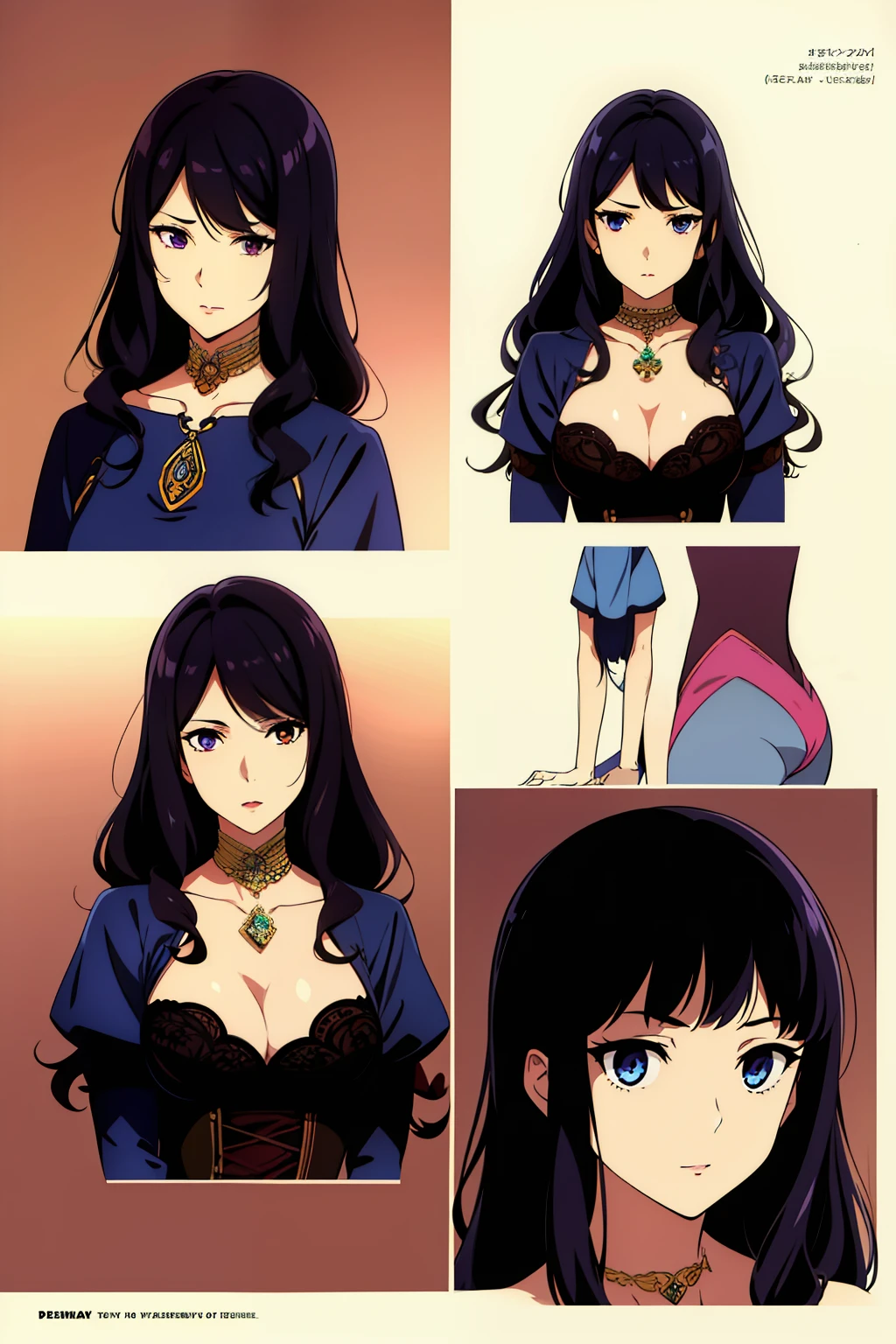 1girl is a young woman with fair skin and a tall, noticeably full figure. She has long, glossy, wavy black hair that goes down to her lower back and curls at the tips. Her long, middle-parted bangs frame her face. Her eyes are amethyst and she wears red lipstick. She wears a red open bustier, which displays her cleavage and is connected to her shoulder-to-elbow charcoal gray inner garment. She also has a beaded choker, a pendant, bangles, hand chain bracelets, and rings. Her leather hot-pants are dyed blue and have golden embellishments. Her embroidered thread garter belt consists of geometrical patterns and decorates only the bare skin from the middle of her tights to her knee-high boots.