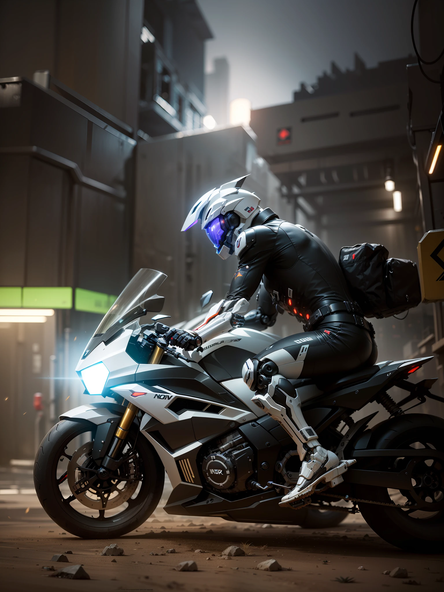 Handsome full body black mecha white short hair cyber handsome warrior, black cyber mechanical motorcycle, high-tech black full surround helmet, white short hair, Nousr, biomechanics, MSHN robot man, high-tech helmet, surreal, steel, complex design, crazy details, fine details, extremely clear lines, cinematic lighting, photo realism, detailed masterpiece