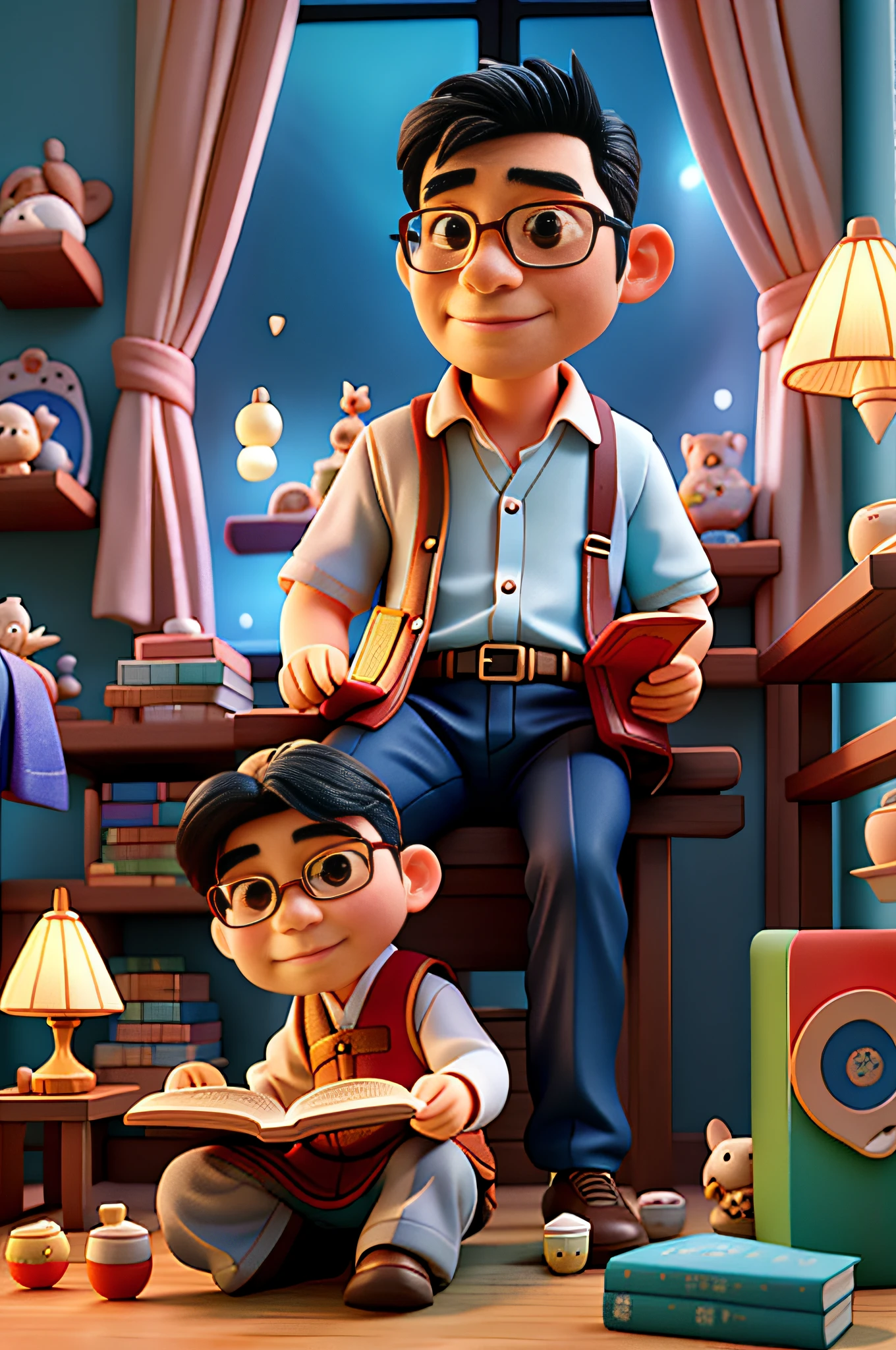 A Chinese father sits on the edge of his bed and reads stories to his children,Book in hand,The girl sits on the bed,3D,Disney,Bubble Mart style,the night,gentlesoftlighting,Soft color blending,best qualtiy,电影灯光,high detal
