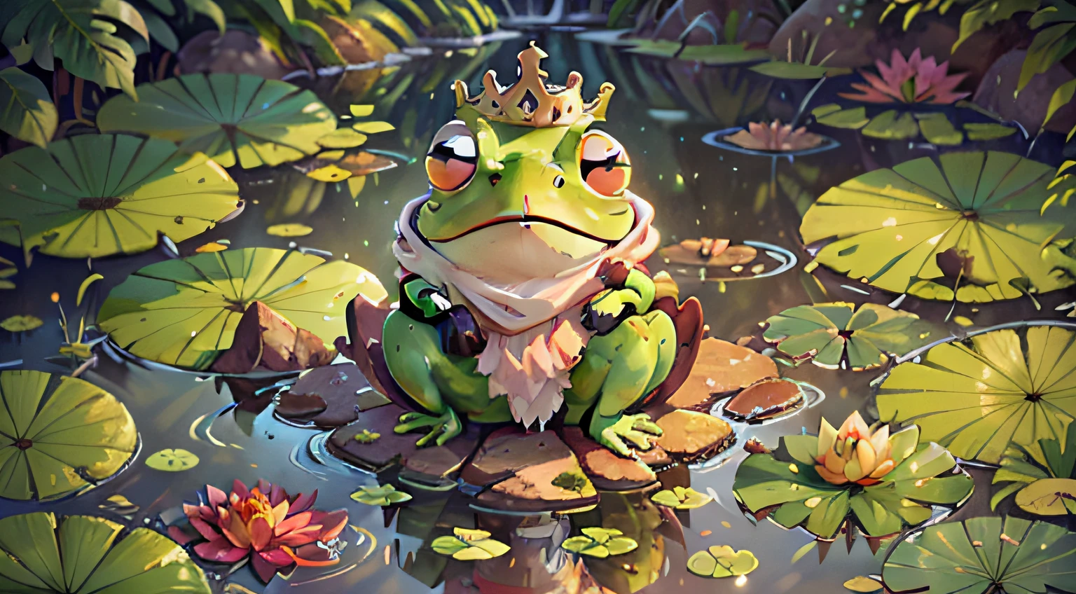 UHD，16K，anatomically correct，In a pond full of lotus leaves，There is a frog with a crown squatting on one of the lotus leaves