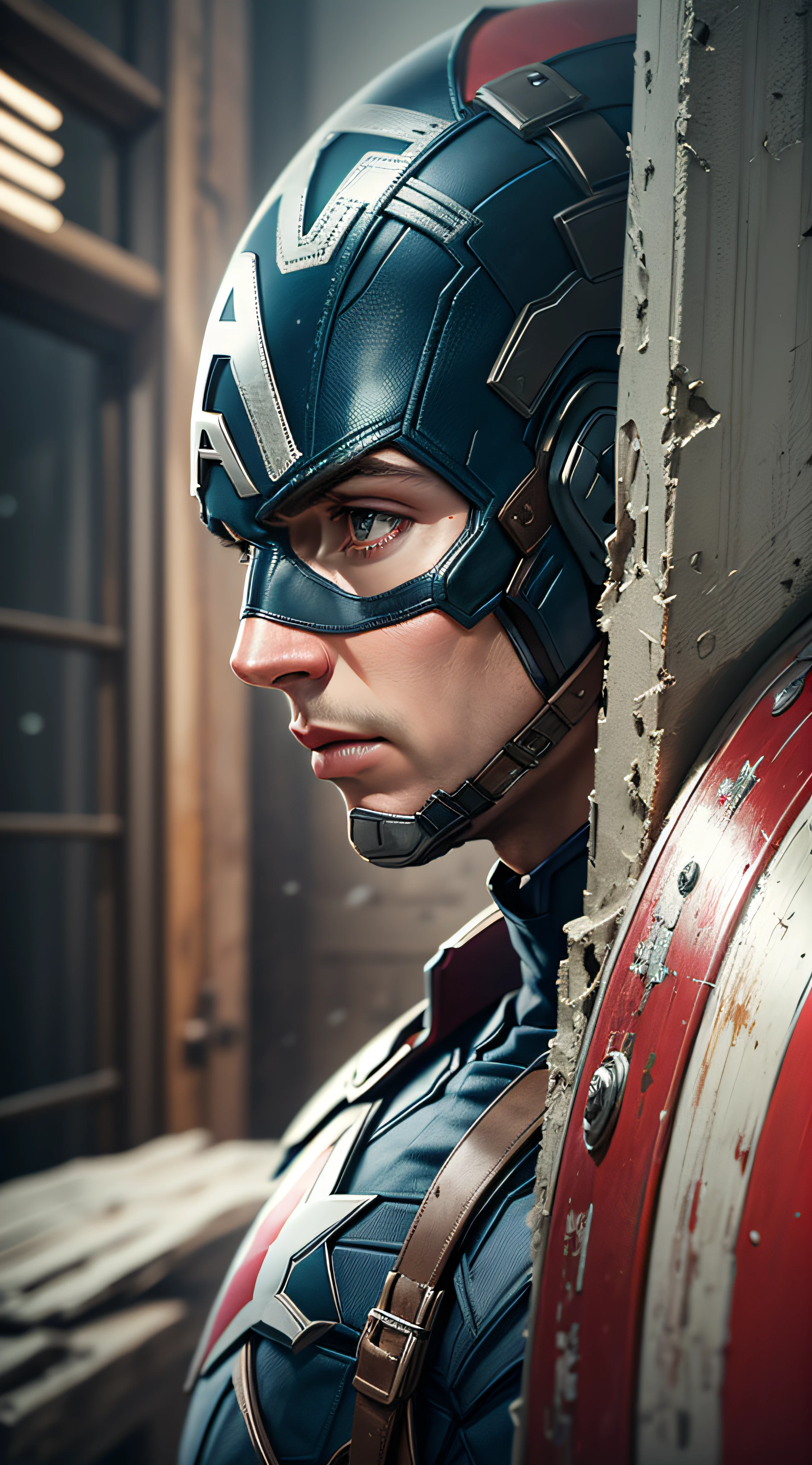 Captain America - Black，fine art，PS5 movie screenshot，With Chris Evans' face，holding a shield，mtu，blue colors，red colour，detailed cinematic rendering，ultra photorealistic raytricing，With cinematic lighting