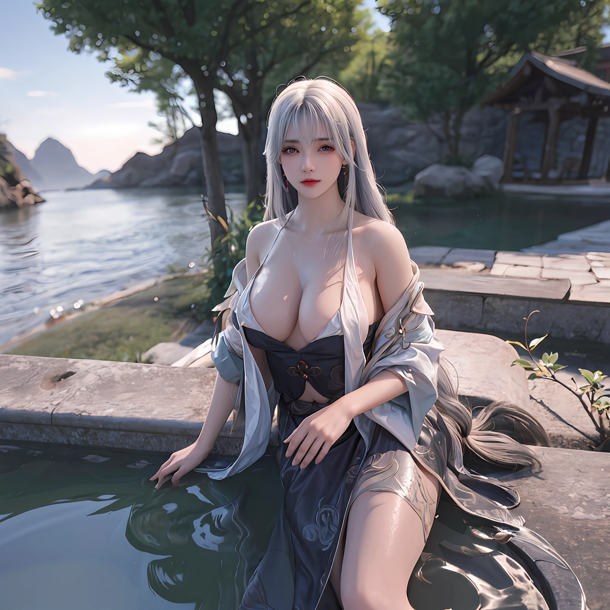 delicated best quality ,masterpiece, illustration, an extremely delicate and beautiful, extremely detailed ,CG ,unity ,8k wallpaper, Amazing, finely detail, masterpiece,best quality,official art,extremely detailed CG unity 8k wallpaper,absurdres, incredibly absurdres, huge filesize , ultra-detailed, highres, extremely detailed,beautiful detailed girl, extremely detailed eyes and face, beautiful detailed eyes,light on face,1girl, , (Super realistic), (((White hair))), (single braids), Long hair, (blue eyes), (((hair on one eye))), (((bangs cover right eye))), (jewelry)), (horns), (((describe the arm in detail))) (((Super boobs))), ((Big ass)), ((thighs)), ((Plump body)), (Big breasts), ((Plump boobs)),, (detailed description of hair), (ruby necklace), (gem earrings), ((upper body)), (Bare shoulder), ((collarbone)), (Shiny skin), (detailed description of face), (detailed description of body), (white and translucent skin), peerless beauty, (extreme beauty), (red lips), (shy ), (seductive smile), ((facing the viewer)), ((facing)), (((Yukata))), ((Japanese hot spring)), the water surface is reflective, (any pose), (((soaked))), ((sit and soak in the water)), ((There is a lot of water on the body))