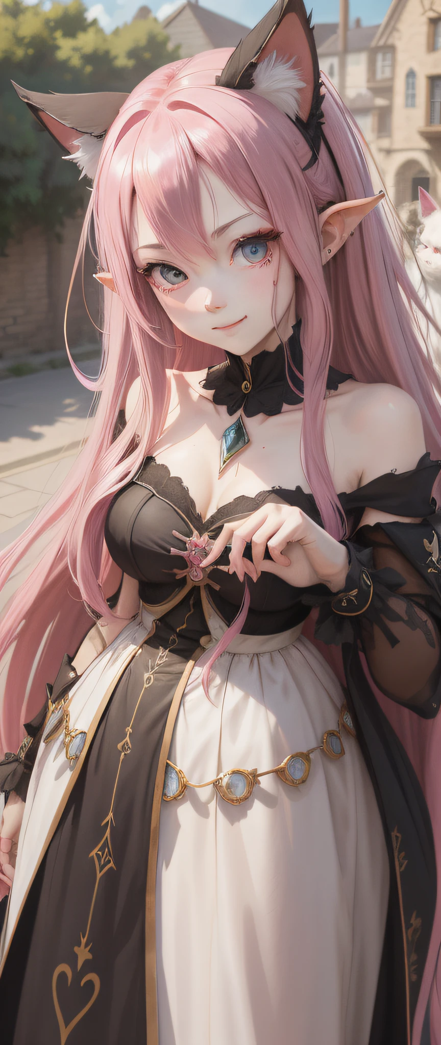 pink hair, very long hair, hair between eyes, demon horns, forehead jewel, mole under eye, aqua eyes, cat ears, smile, anime, chiaroscuro, depth of field, reflection light, ray tracing, drop shadow, first-person view, Eye-Level Shot, UHD, masterpiece, textured skin, high details