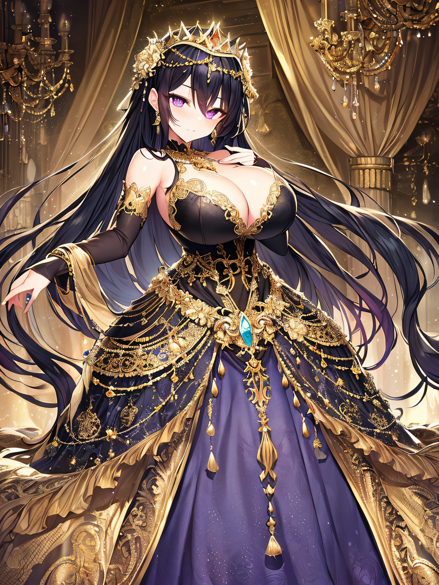 ((anime artstyle)),(Masterpiece),(Best Quality), (Super Detail),((Very Delicate and Beautiful)),Focus on character,Dynamic Angle,Looking at viewer,((Solo)),standing,((full body)),((one cute queen in gorgeous embroidery black and gold gorgeousfull BlingBling ball gown with voluminous skirt)),((BlingBling)),((arrogant)),((smug)),(Purple eyes),Sharp eyes,detailed face and eyes,jewel-like eyes,(((Very Long voluminous black Hair))),Straight Hair,((Bangs between eyes)),((gorgeousfull embroidery and lace)),gorgeous corsage,See-through,Gorgeous jewelry ornaments,gorgeousfull BlingBling hair ornament,(gorgeousfull BlingBling tiara with jewels),ornate ruffles,curvy,skindentation,((gigantic breasts,Long breasts)),((full body)),(hoop skirt,crinoline),(((gorgeous embroidery and jeweled black and gold BlingBling gorgeousfull ball gown with voluminous skirt)))