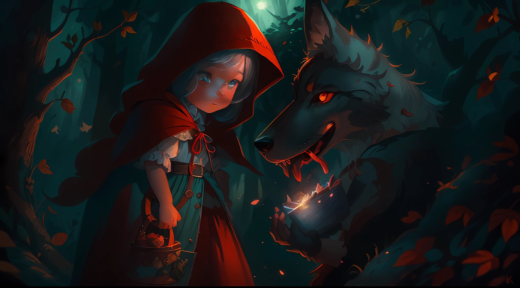 dark fantasy,Little Red Riding Hood and Grandma Wolf's fairy tale，( Best quality, Detailed details, Masterpiece, offcial art, movie light effect, 4K, Chiaroscuro)