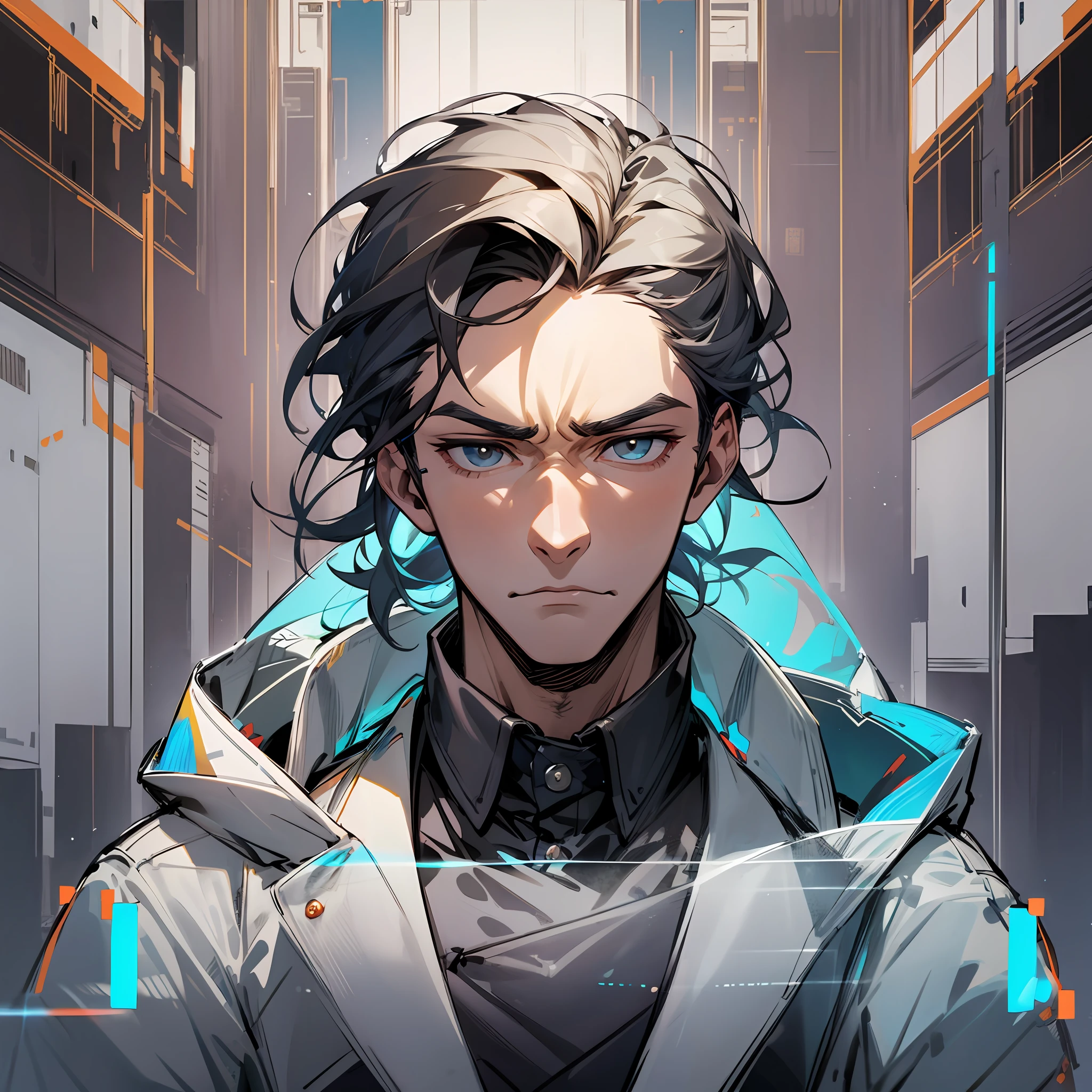 A handsome man,Clear facial features,An arrogant expression,Flat expression,Wide jacket,The institute is full