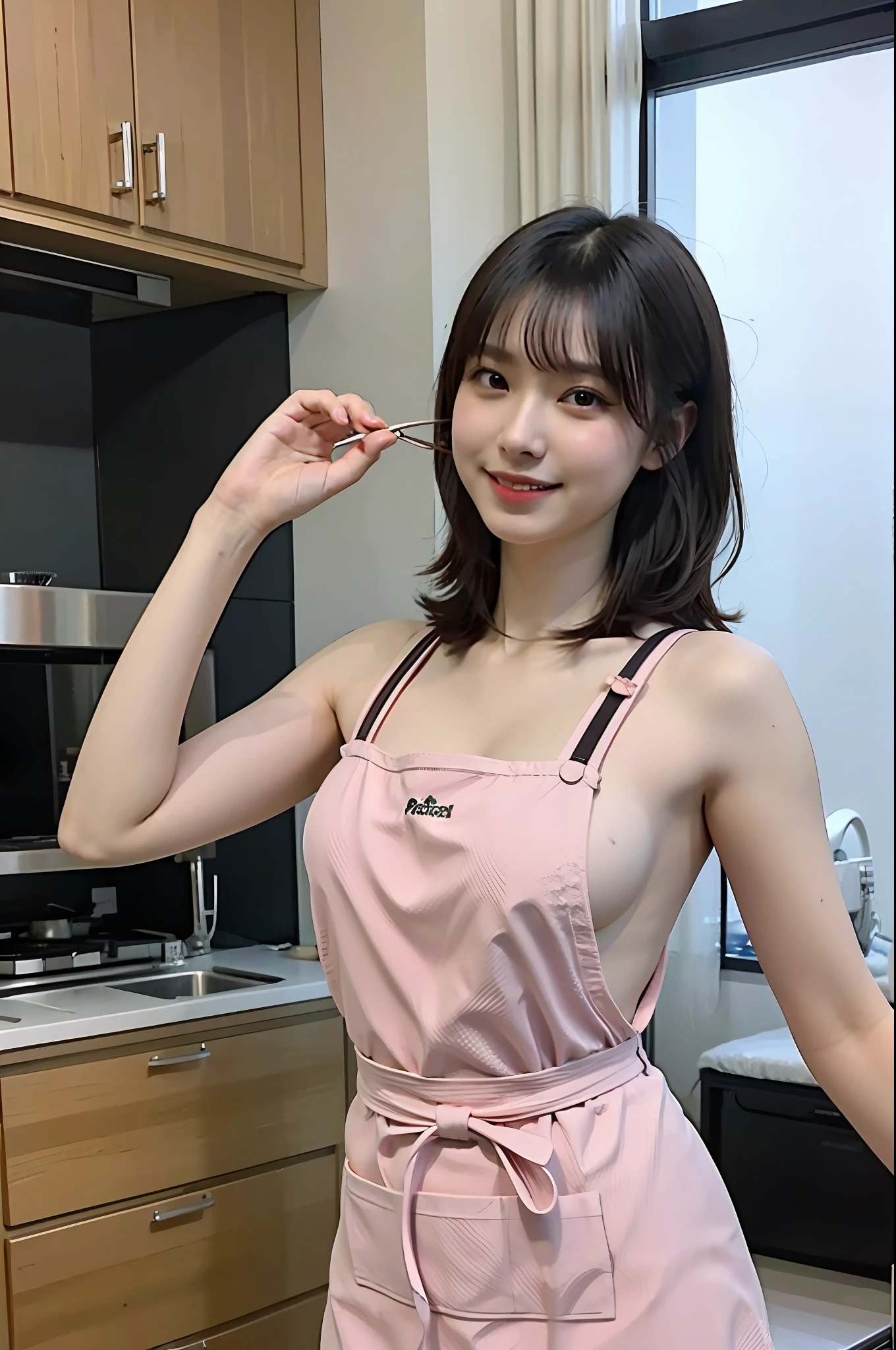 a woman is cooking、(kitchin_Apron:1.Wear 3)、Good Hand、4K、hight resolution、​masterpiece、top-quality、Cap:1.3、((Hasselblad photo))、Fine skin、foco nítido、(lighting like a movie)、Soft lighting、dynamic ungle、[:(详细的脸:1.2):0.2]、Medium chest、sweats streamed skin:1.2、(((In the kitchen))) Cute smile　Viewer's Perspective　Colossal tits　Tying hair　Sleeveless　Put out your upper arm　Shoulders are sticking out　Cleanliness　Large kitchen　Beautiful kitchen　wine glasses　posterior view　Behind　backs