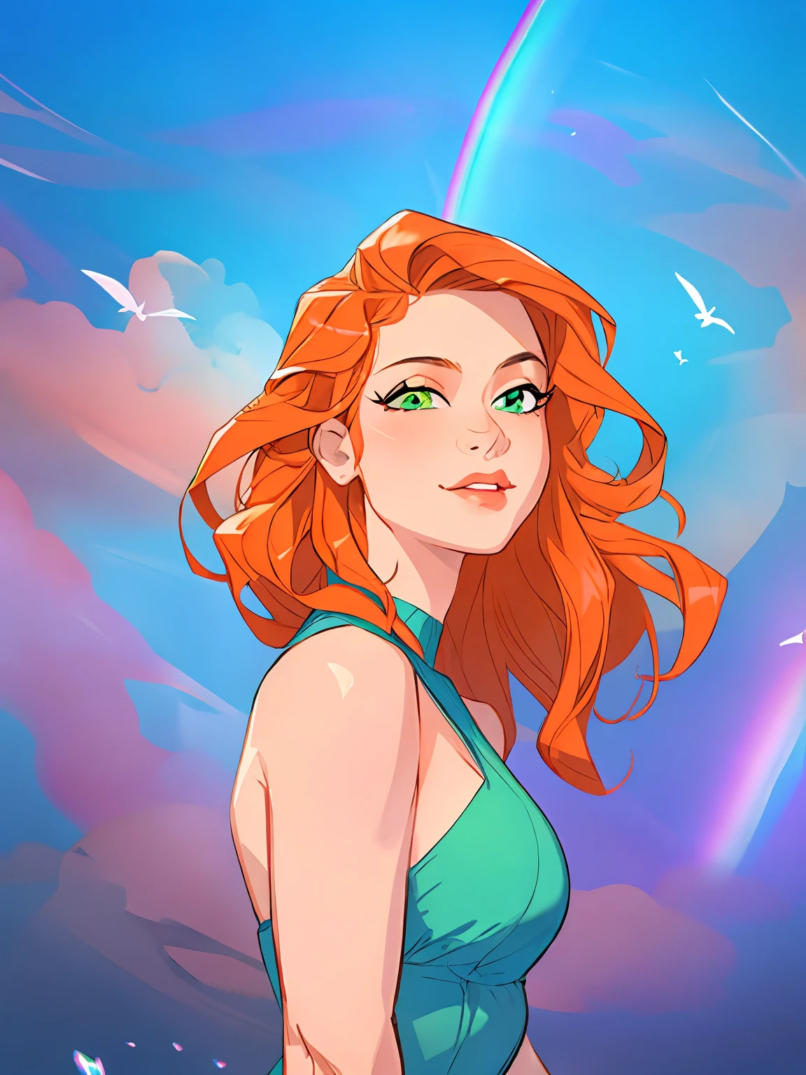 redhead woman with long red hair and green dress posing for a picture,hyper HD,(best detail),rainbow,(best qualtiy),the perfect face,naturey,Colorful,young,Youth,Pleasure,starlights,Irridescent color