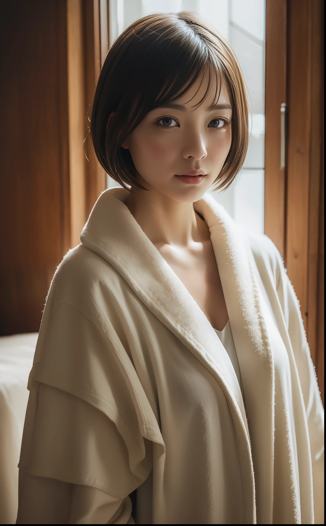 fireplace、Indoors in winter、Woman in bathrobe after bath、Short-cut hairstyles、Women in Japan、Snow outside the window、Overexposed、Photorealsitic, highcontrast, 8K HD, detaileds, realistic skin textures, top-quality, 超A high resolution, Raw photo, Dramatic Lighting, unrealengine、Beautiful girl model、detaile, hyperdetails, realistic skin textures,Very meticulously