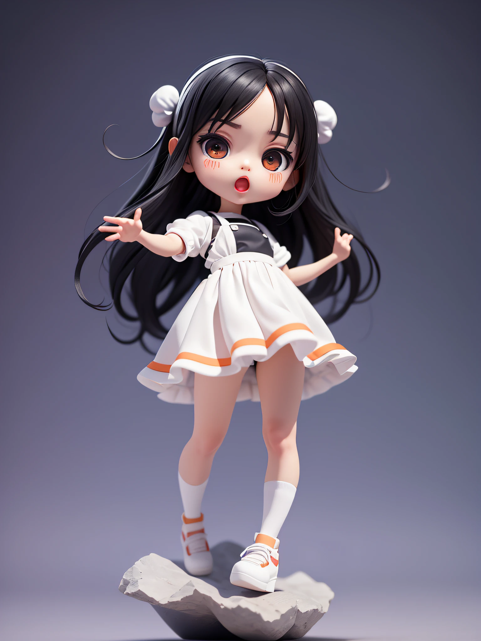 (masterpiece)、(top-quality)、(Full body:1.2)、shout,Open your mouth wide to the maximum , Very cute and beautiful chibi anime girl, Straight black hair, Black eye, White cooking clothes, Simple flat background, Full body, Standing, Highly detailed face and eyes, Clearly outlined, Solo