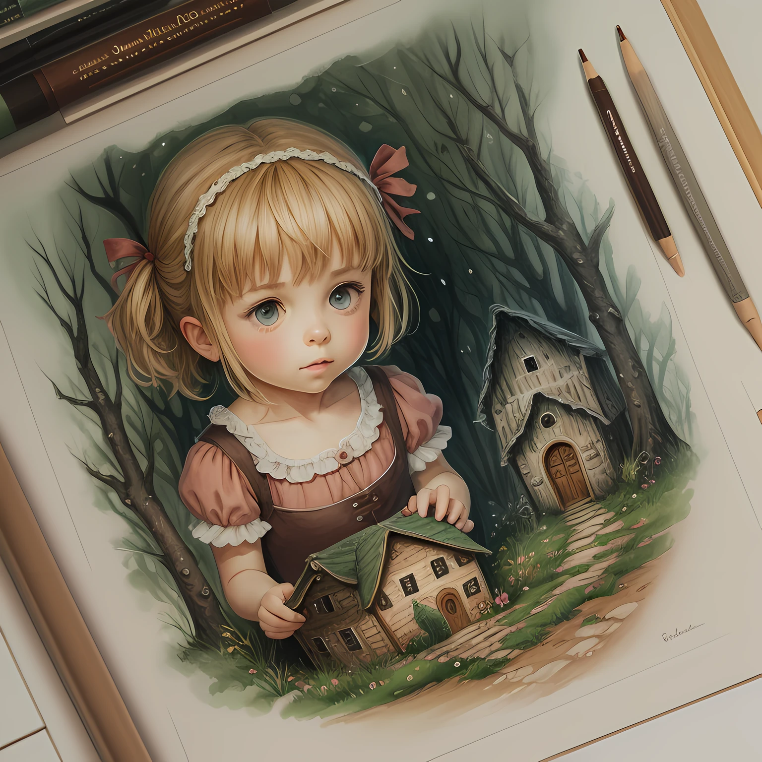 Hansel y Gretel, dibujo, acuarela