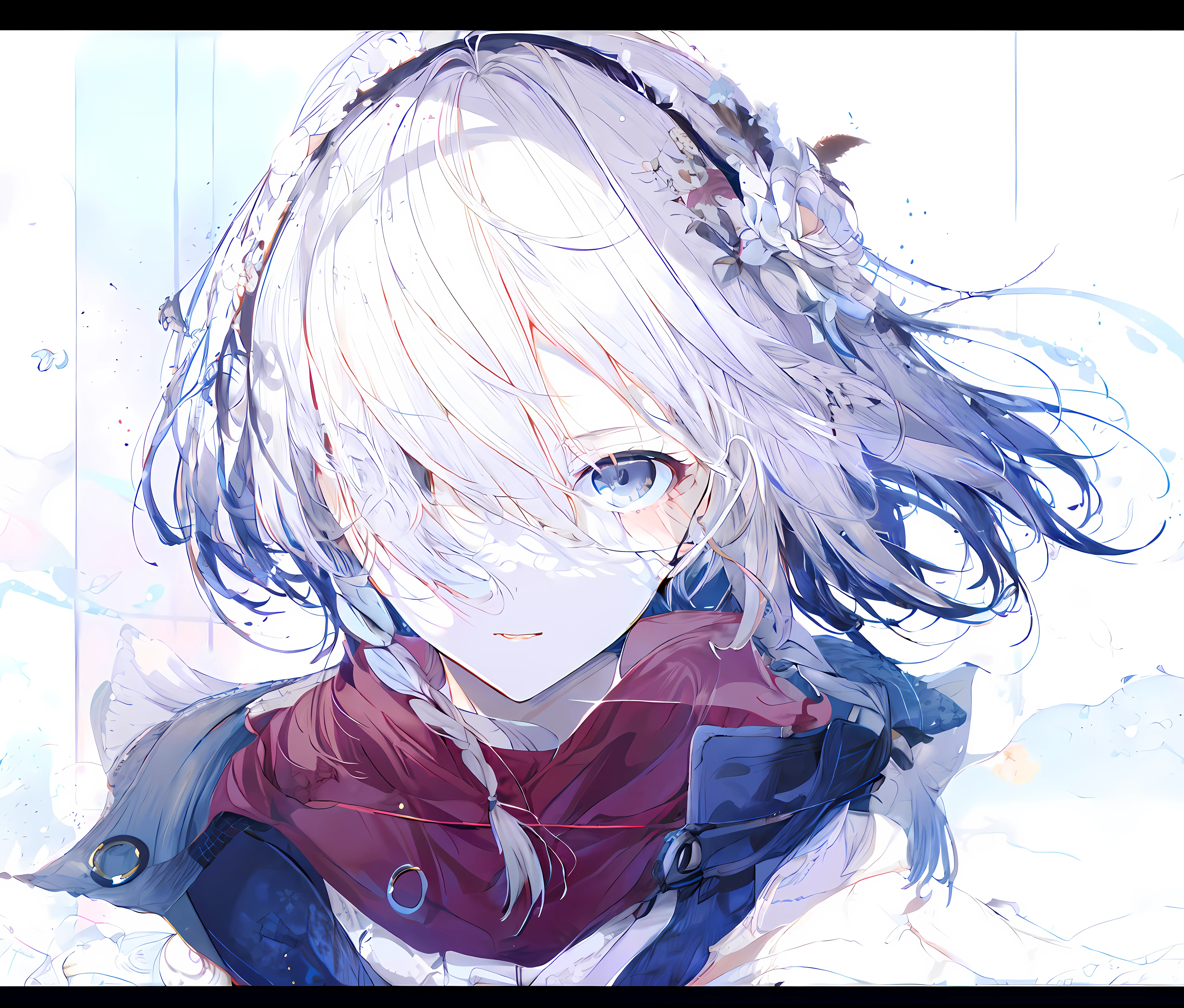 Anime girl with blue hair and red scarf, Best anime 4k konachan wallpaper, Girl with white hair, white haired Cangcang, zerochan art, zerochan, Perfect white haired girl, a beautiful anime portrait, white haired lady, nagito komaeda, Stunning anime face portrait, Beautiful anime artwork, style of anime4 K, white-hair pretty face