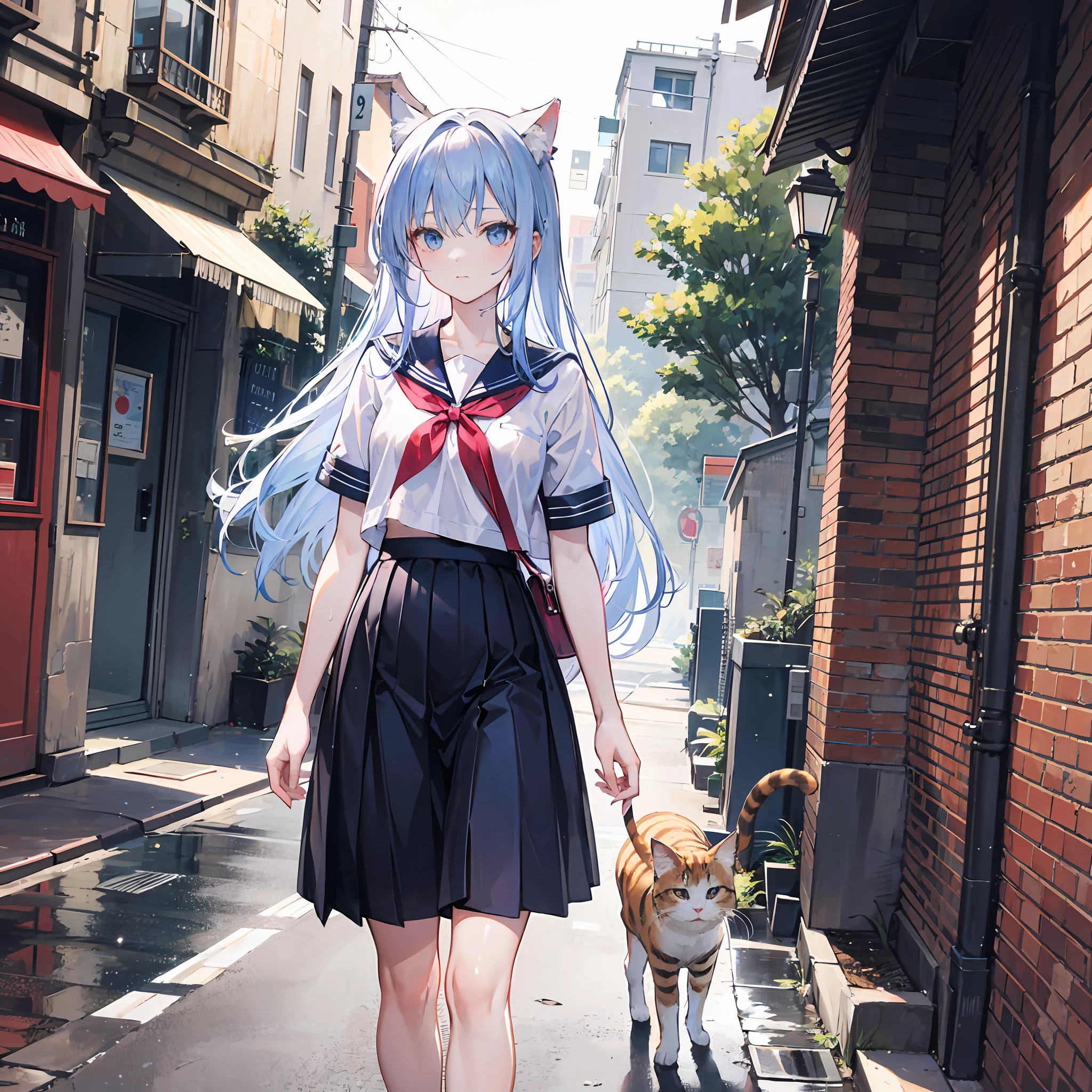 masutepiece,Best Quality,ultra-detailliert,Two hands,Two legs,Five Fingers,best faces,1 girl,Light blue long hair,timid,Cat ears,pale blue eyes, Height 145cm,small tits,Cat tail,Infant face,timid,a sailor suit,white t-shirts,a black skirt,Hang a bag on your shoulder,Walking down the road,Clothes get wet from sweat