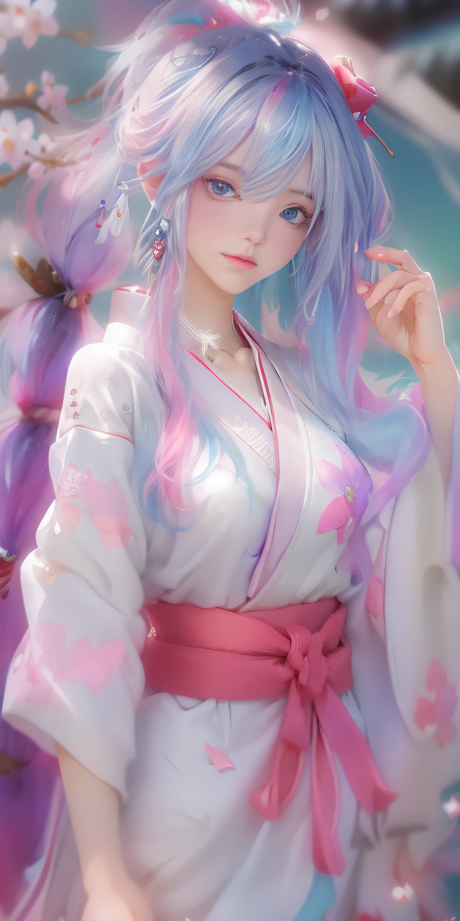 Anime girl with white hair and blue eyes holding a red umbrella, white-haired god, Kusat Krenz key art feminization, Onmyoji detailed art, Onmyoji portrait, Best anime 4K Konachan wallpaper, detailed digital anime art, anime goddess, high detail official artwork, detailed anime art, Onmyoji, portrait of female anime hero, chibi style, face, high cold beautiful moving, ((((colorful hair))), (((half blue and half pink hair)), (perfect eye painting), bright eyes, Necklace, earrings, delicate mouth, delicate nose, delicate makeup, braid ponytail hair, red lips, (purple eyes). Perfect figure, (streamer girl), yellow t-shirt, delicate tassel, expression, ribbon, shyness, lighting effects, pastel, white background, super clear, hd picture, full body portrait, front, happy, (holding fan), cherry blossom tree,