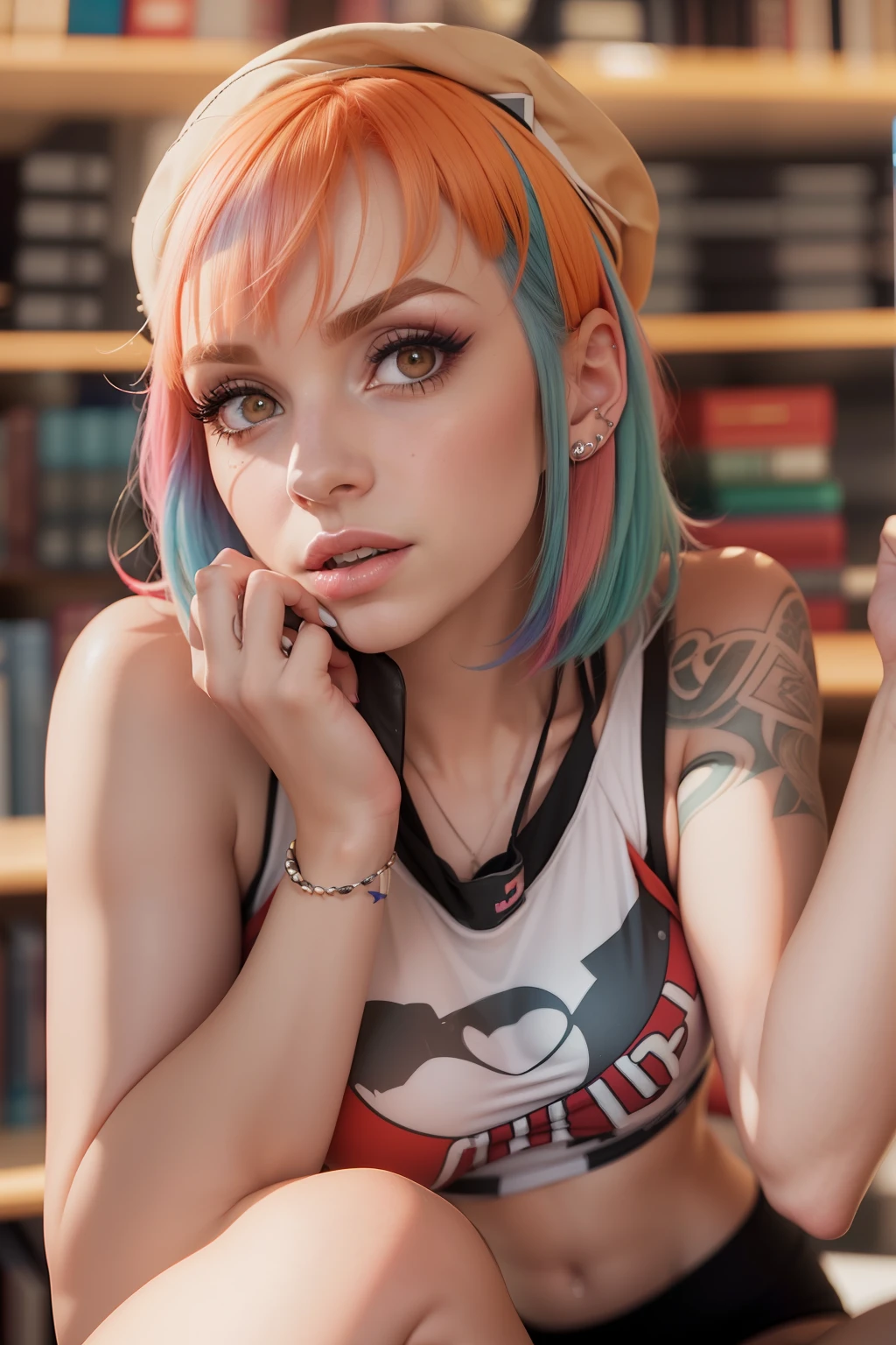 (((Hayley Williams hat die Augen geschlossen)), (sie sitzt in einer dunklen Bibliothek), ((sie ist zu einem Kuss bereit)), ((she has round breasts)), (schwarzes Tanktop), (kleiner Kopf), ((detailliertes Gesicht)), (fotorealistisch), (Raytracing), (scharfer Fokus), ((natural realistic skin texture)), detaillierte Lippen