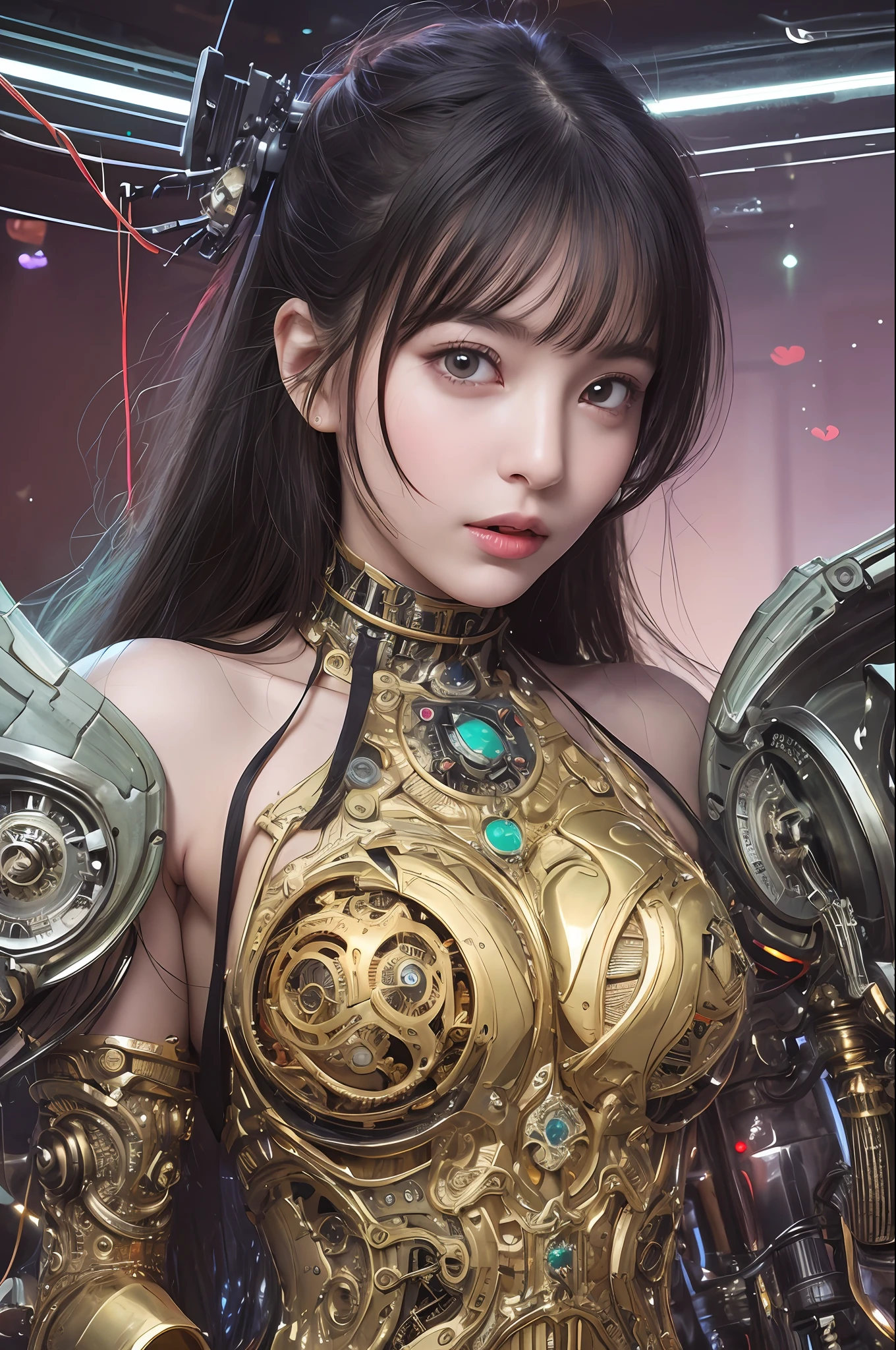 top-quality、masterpiece、超A high resolution、(Photorealsitic:1.4)、Raw photo、1人、Black hair、glowy skin、1 Mechanical Angel、Big metal wings、Circle of Shining Angels、((super realistic details))、portlate、globalillumination、Shadow、octan render、8K、ultrasharp、huge tit、Raw skin is exposed in cleavage、metals、Details of complex ornaments、Steampunk details、Matsumoto Meter、meter、vacuum tubes、Nixie Kan、Oil pressure gauge、Glass Kan、Analog Meter、gear wheel、gear、Golden hydraulic cylinder、highly intricate detail、Realistic light、CGSoation Trends、a purple eye、radiant eyes、Facing the camera、neon details、Mechanical limbs、blood vessels connected to tubes、Mechanical vertebrae attached to the back、mechanical cervical attaching to neck、sitting on、Wires and cables connecting to the head、evangerion、Small LED lamp、