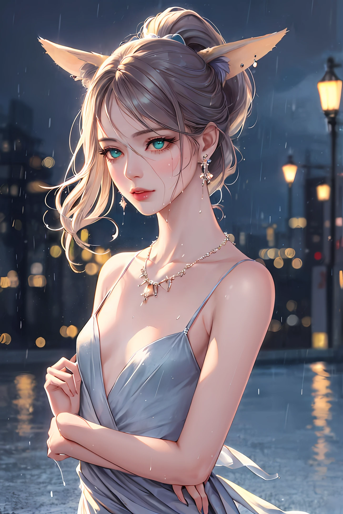 Machine pose, (An extremely delicate and beautiful work), (Masterpiece), 1girll, a girl in a silver dress, Highly detailed, waist leaking, Ponytail Contortion, Enchanted expression, beautiful and clear eyes, green eye pupil, Delicate necklace, Delicate earrings, fairy ears, Simple blurred background, Extreme detail description, Beautiful, Charming, Ultra-fine painting, Delicate face, Delicate figure, Fine collarbones, lovely lips, Beautiful breasts, soft behind, mix4,(8K, RAW photo, Best quality, Masterpiece:1.2), (Realistic, photo-realistic:1.37),1girll,Cute,Cityscape, Night, rain, Wet, Professional lighting, photon maping, Radio City, Physically-based rendering,(beautiful small hard nipple:1.3),