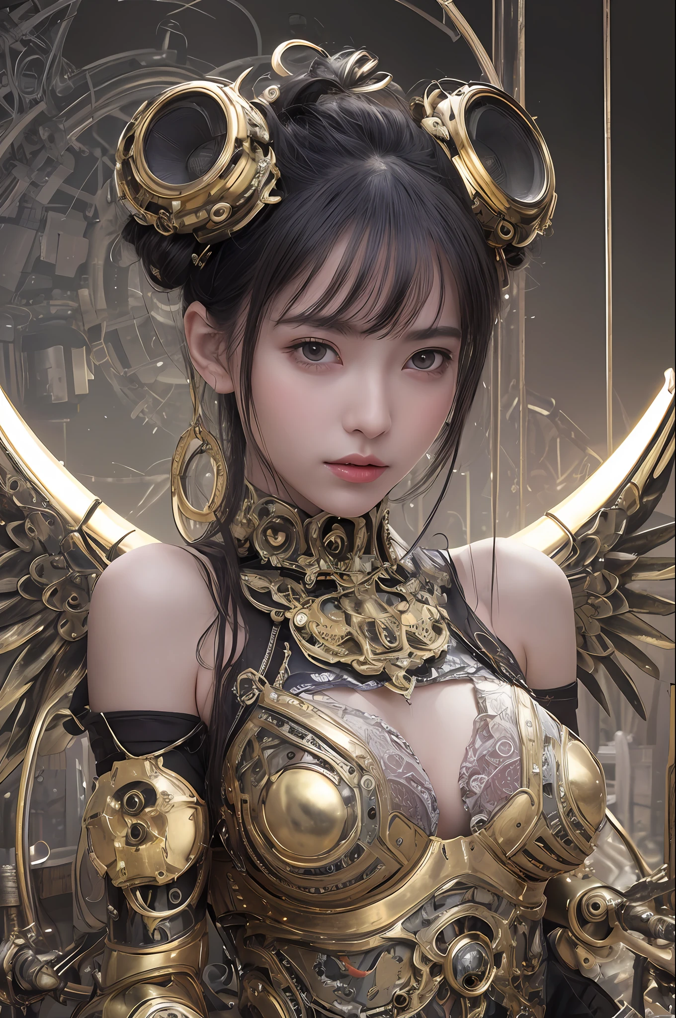 top-quality、masterpiece、超A high resolution、(Photorealsitic:1.4)、Raw photo、女の子1人、Black hair、glowy skin、1 Mechanical Angel、Big metal wings、Circle of Shining Angels、((super realistic details))、portlate、globalillumination、Shadow、octan render、8K、ultrasharp、huge tit、Raw skin is exposed in cleavage、metals、Details of complex ornaments、Steampunk details、Matsumoto Meter、meter、vacuum tubes、Nixie Kan、Oil pressure gauge、Glass Kan、Analog Meter、gear wheel、gear、Golden hydraulic cylinder、highly intricate detail、Realistic light、CGSoation Trends、a purple eye、radiant eyes、Facing the camera、neon details、Mechanical limbs、blood vessels connected to tubes、Mechanical vertebrae attached to the back、mechanical cervical attaching to neck、sitting on、Wires and cables connecting to the head、evangerion、Small LED lamp、