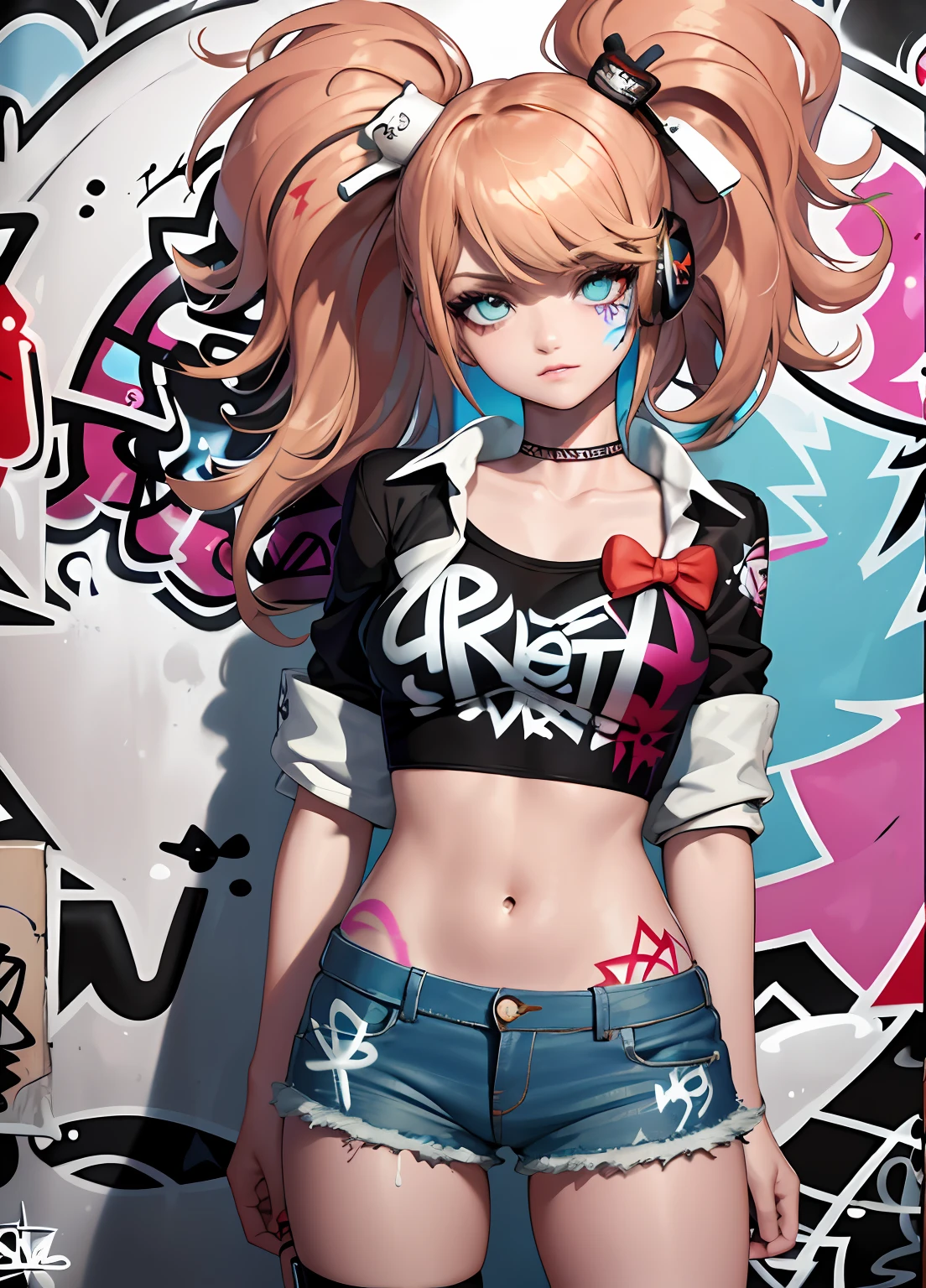 masterpiece, best quality, 1girl, solo, crop top, denim shorts, choker, (graffiti:1.5), paint splatter, arms behind back, against wall, looking at viewer, armband, thigh strap, paint on body, head tilt, bored, multicolored hair, aqua eyes, headset,