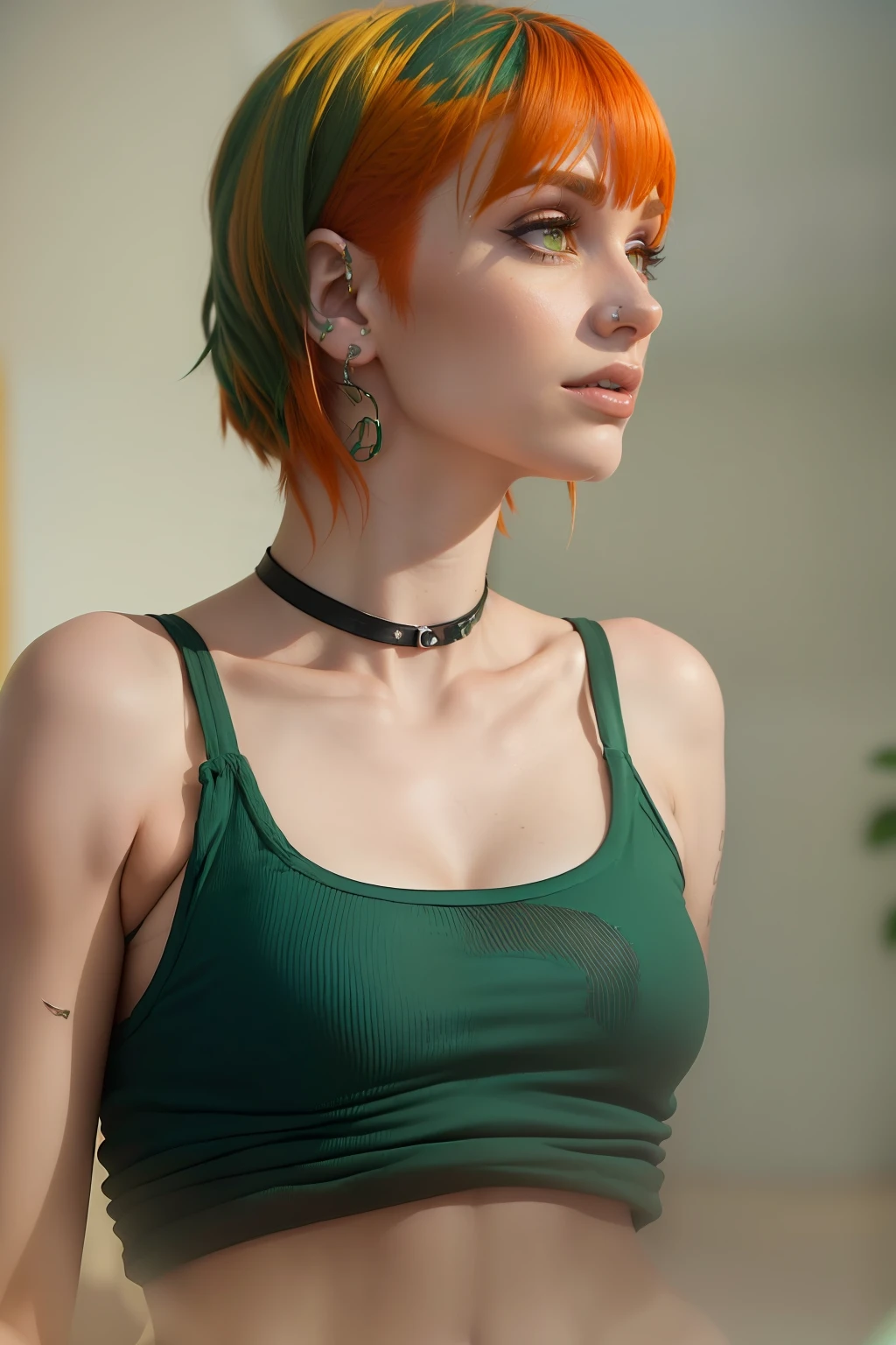 (((Hayley Williams steht an einem sonnigen Tag in einem Weizenfeld))), ((Weizenfeld)), ((she has round breasts)), (she wears an emerald green top), (kleiner Kopf), ((detailliertes Gesicht)), (fotorealistisch), (Raytracing), (scharfer Fokus), ((natural realistic skin texture)), detaillierte Lippen