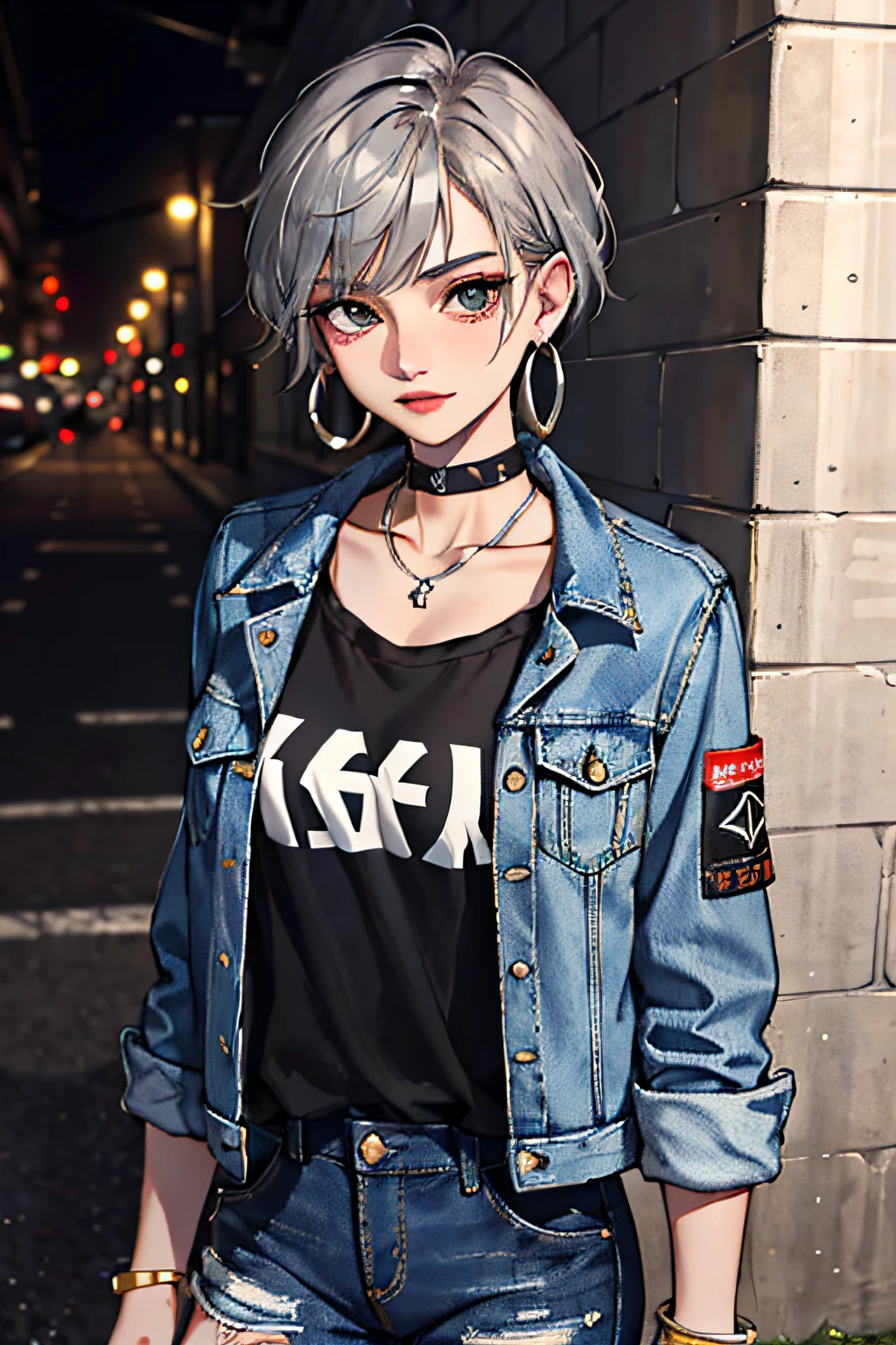 (masterpiece:1.2, best quality), (1lady, solo, upper body:1.2), Hair: buzz cut, Clothing: oversized, distressed denim jacket with patches and pins, paired with black skinny jeans and combat boots, Accessories: silver hoop earrings and a black choker necklace, Hanging out in an underground music venue or street art exhibit