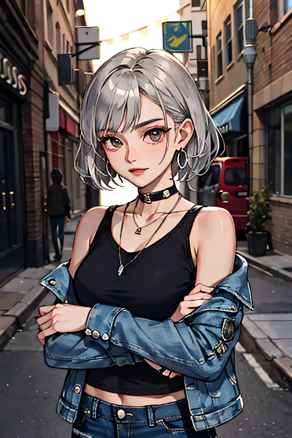 (masterpiece:1.2, best quality), (1lady, solo, upper body:1.2), Hair: buzz cut, Clothing: oversized, distressed denim jacket with patches and pins, paired with black skinny jeans and combat boots, Accessories: silver hoop earrings and a black choker necklace, Hanging out in an underground music venue or street art exhibit