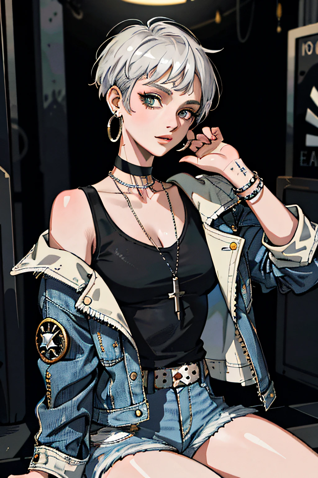 (masterpiece:1.2, best quality), (1lady, solo, upper body:1.2), Hair: buzz cut, Clothing: oversized, distressed denim jacket with patches and pins, paired with black skinny jeans and combat boots, Accessories: silver hoop earrings and a black choker necklace, Hanging out in an underground music venue or street art exhibit