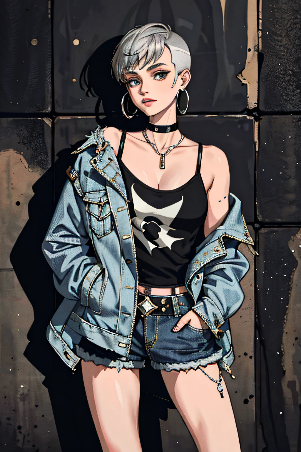 (masterpiece:1.2, best quality), (1lady, solo, upper body:1.2), Hair: buzz cut, Clothing: oversized, distressed denim jacket with patches and pins, paired with black skinny jeans and combat boots, Accessories: silver hoop earrings and a black choker necklace, Hanging out in an underground music venue or street art exhibit