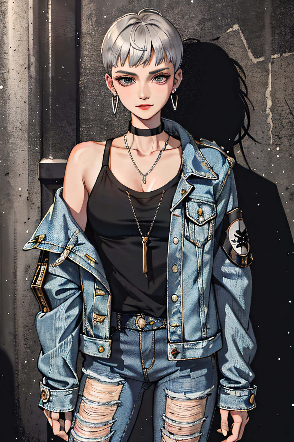 (masterpiece:1.2, best quality), (1lady, solo, upper body:1.2), Hair: buzz cut, Clothing: oversized, distressed denim jacket with patches and pins, paired with black skinny jeans and combat boots, Accessories: silver hoop earrings and a black choker necklace, Hanging out in an underground music venue or street art exhibit