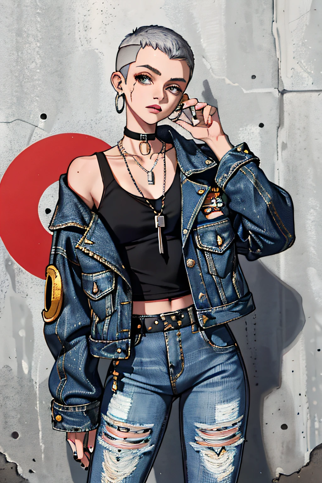 (masterpiece:1.2, best quality), (1lady, solo, upper body:1.2), Hair: buzz cut, Clothing: oversized, distressed denim jacket with patches and pins, paired with black skinny jeans and combat boots, Accessories: silver hoop earrings and a black choker necklace, Hanging out in an underground music venue or street art exhibit