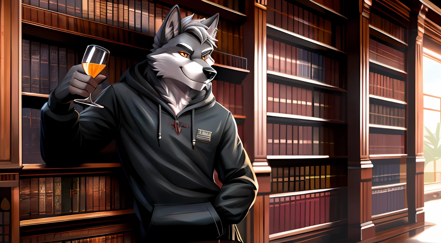 (male wolf) (furry), in a library, detailed face, (gray hair with red stains), short hair, looking at viewer, seductive smile (smirking), camo hoodie, dark gray dress pants, drunk posture, digital painting, furry art, black fur, long soft tail, high quality, highly detailed, 8K, HD, leaning in a wall, holding a glass