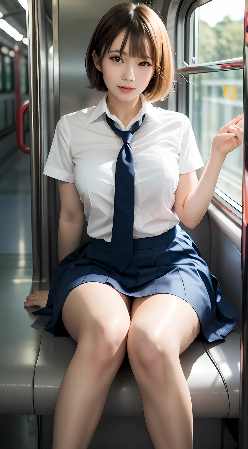 Alafed asian woman sitting on train in short skirt and tie, wearing a Japanese school uniform, japanese girl school uniform, cute female student, wearing skirt and high socks, Japanese school uniform, girl in uniform, Surrealism female students, of a schoolgirl posing, Realistic schoolgirl, Surrealism female students, dressed as schoolgirl, in school uniform