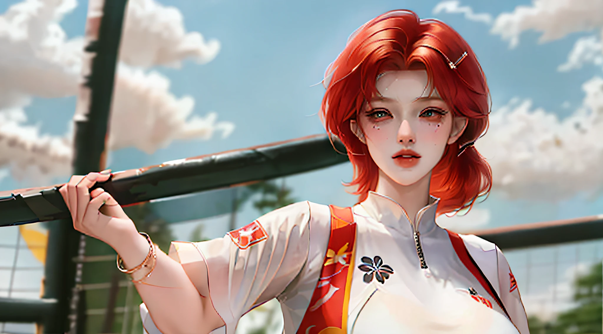 Masterpiece:1.2, Best quality), Realistic, (Real picture, Intricate details, Depth of field), (1girll, Solo), make up, parted lip, highly detailed, Perfect face,
(Huge breasts:1.4), (skin indentation), Thick thighs, Wide hips, Small waist, Tall, glossy coral lips,
red hair, Red eyes, pony tails,
(A girl playing volleyball, white volleyball suit), (full of sweat:1.2), (Wet), Sexy, Blushing,
