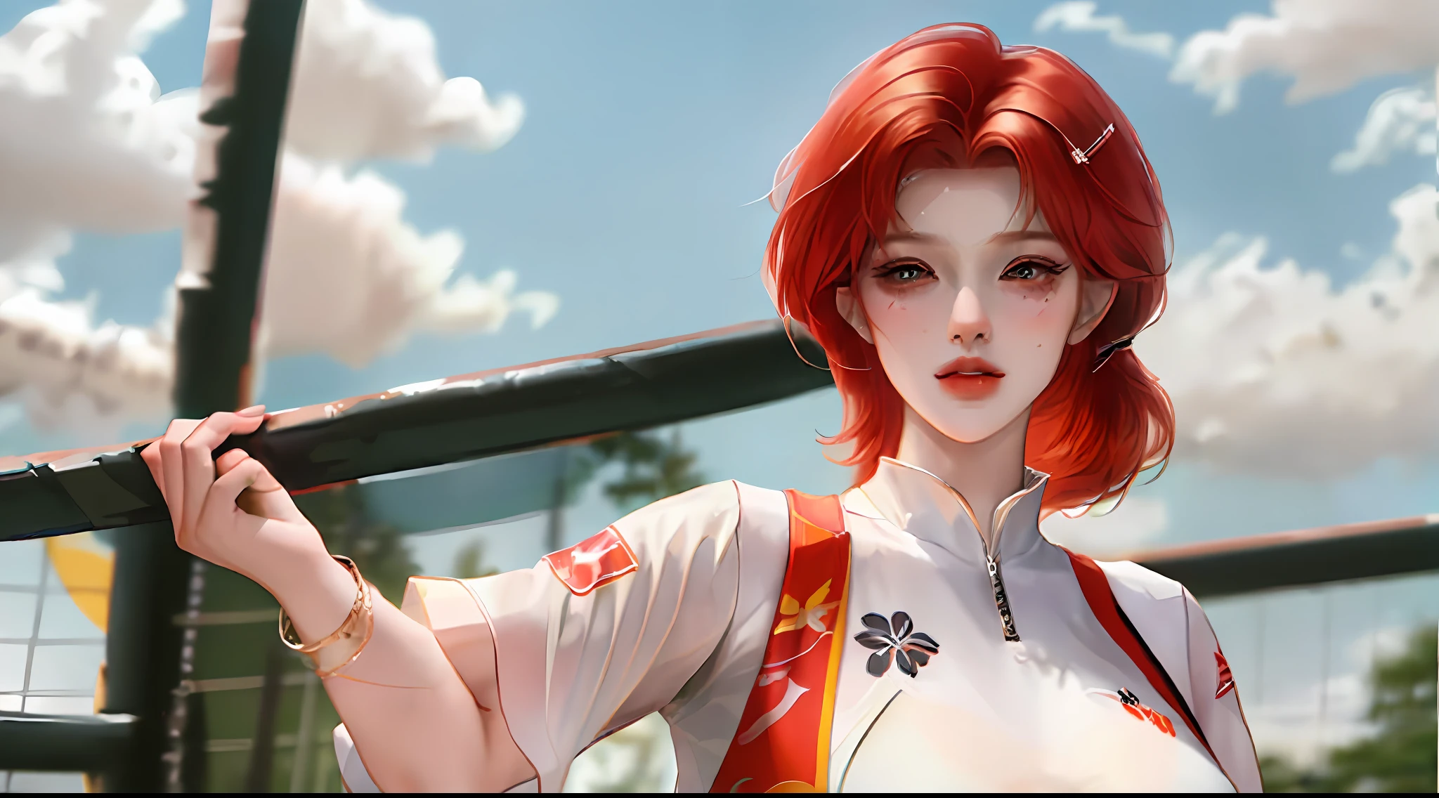 Masterpiece:1.2, Best quality), Realistic, (Real picture, Intricate details, Depth of field), (1girll, Solo), make up, parted lip, highly detailed, Perfect face,
(Huge breasts:1.4), (skin indentation), Thick thighs, Wide hips, Small waist, Tall, glossy coral lips,
red hair, Red eyes, pony tails,
(A girl playing volleyball, white volleyball suit), (full of sweat:1.2), (Wet), Sexy, Blushing,