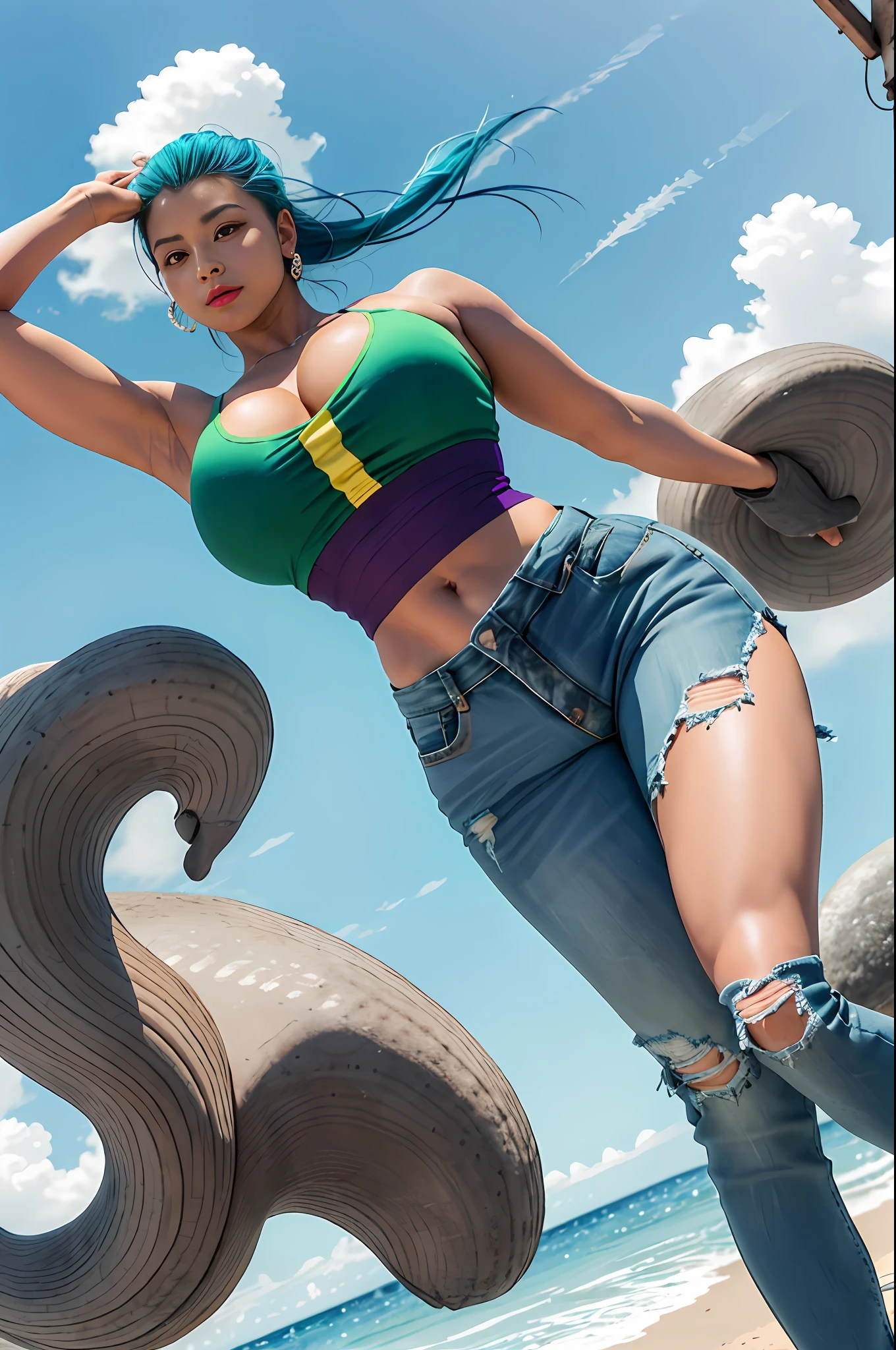 rosto delicado, penteado: cabelos cacheados super longos, gradiente de cor do cabelo branco, vermelho, amarelo, verde, azul, Purple, sete cores, comprimento do cabelo: 300cm, hair hanging behind very long body, muito longo, muito longo, muito longo, muito longo, muito longo, muito longo. altura: 200cm, peso: 400 kg, Comprimento da perna: 180 centimeters, peito enorme, Particularly huge wide buttocks, Strong muscles of the whole body, abdominais grandes, huge thick leg muscles, Exaggerated waist ratio, clothes not holding back, tiro de corpo inteiro, topo alto, HD 8K, CG, Melhor Tiro, tiro de corpo inteiro, incluindo sapatos, ombros nus, Shorts Ultra Rasgados, seios, seios espremidos juntos, ripped pants, separated-lips, sozinho, V-arms, (pele brilhante), (master part: 1.4), (best quality: 1.4) ,,, Facigirl, red lips, abdominais perfeitos, umbigo, (: 1.5), (clear areola), enorme, suar, Fundo exterior, Full Body Head to Toe