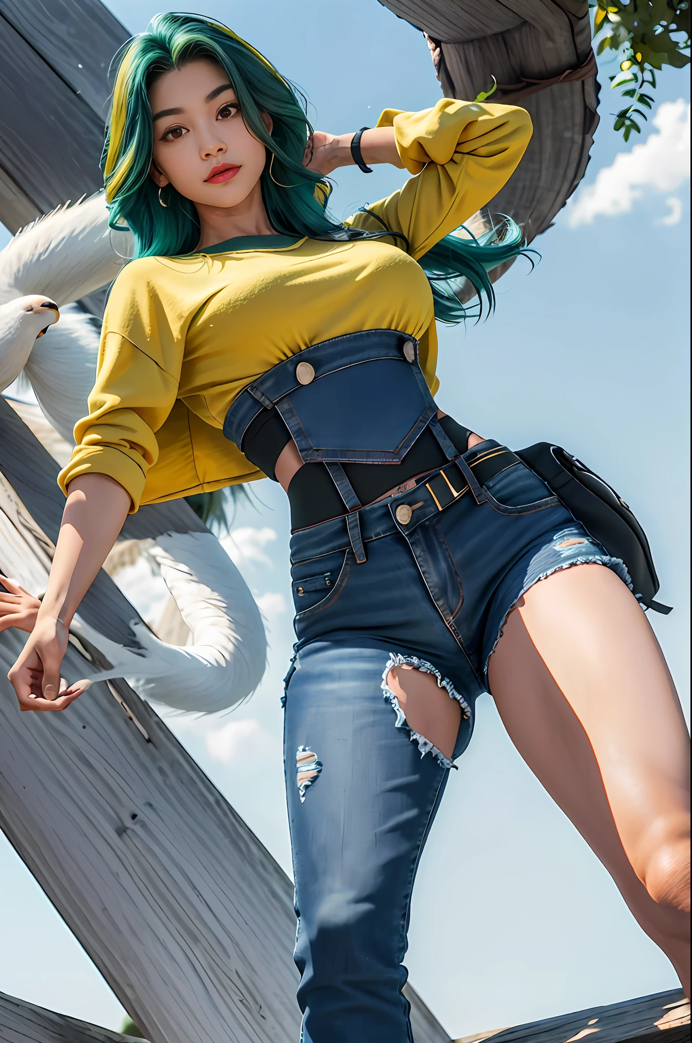 rosto delicado, penteado: cabelos cacheados super longos, gradiente de cor do cabelo branco, vermelho, amarelo, verde, azul, Purple, sete cores, comprimento do cabelo: 300cm, hair hanging behind very long body, muito longo, muito longo, muito longo, muito longo, muito longo, muito longo. altura: 200cm, peso: 400 kg, Comprimento da perna: 180 centimeters, peito enorme, Particularly huge wide buttocks, Strong muscles of the whole body, abdominais grandes, huge thick leg muscles, Exaggerated waist ratio, clothes not holding back, tiro de corpo inteiro, topo alto, HD 8K, CG, Melhor Tiro, tiro de corpo inteiro, incluindo sapatos, ombros nus, Shorts Ultra Rasgados, seios, seios espremidos juntos, ripped pants, separated-lips, sozinho, V-arms, (pele brilhante), (master part: 1.4), (best quality: 1.4) ,,, Facigirl, red lips, abdominais perfeitos, umbigo, (: 1.5), (clear areola), enorme, suar, Fundo exterior, Full Body Head to Toe