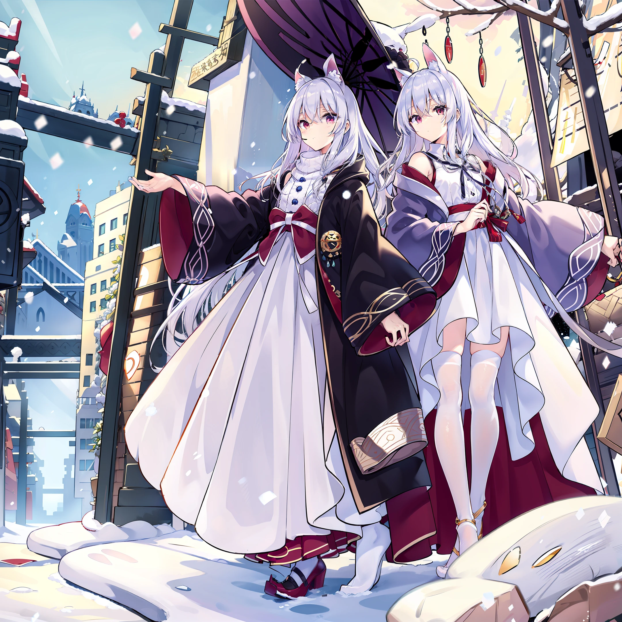 White hair, anime, shoujo, shrine, white cat ears, red witch costume, snow, red umbrella, red eyes, snow, white stockings