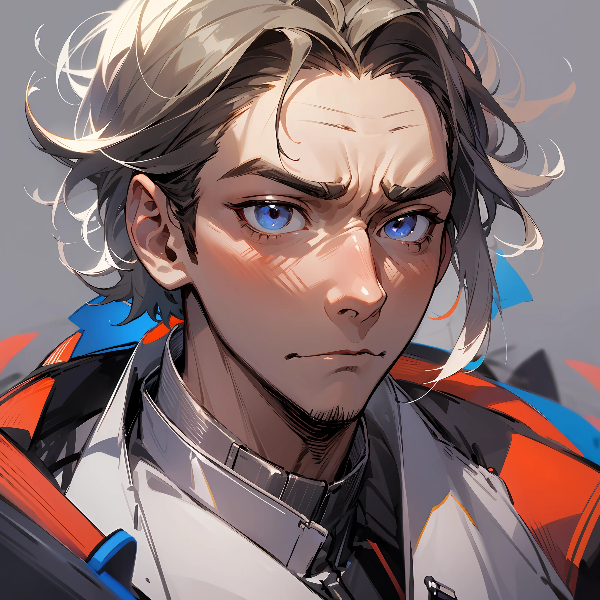A handsome man,Clear facial features,A bitter expression, Flat expression,Wide jacket,The background is a toy field