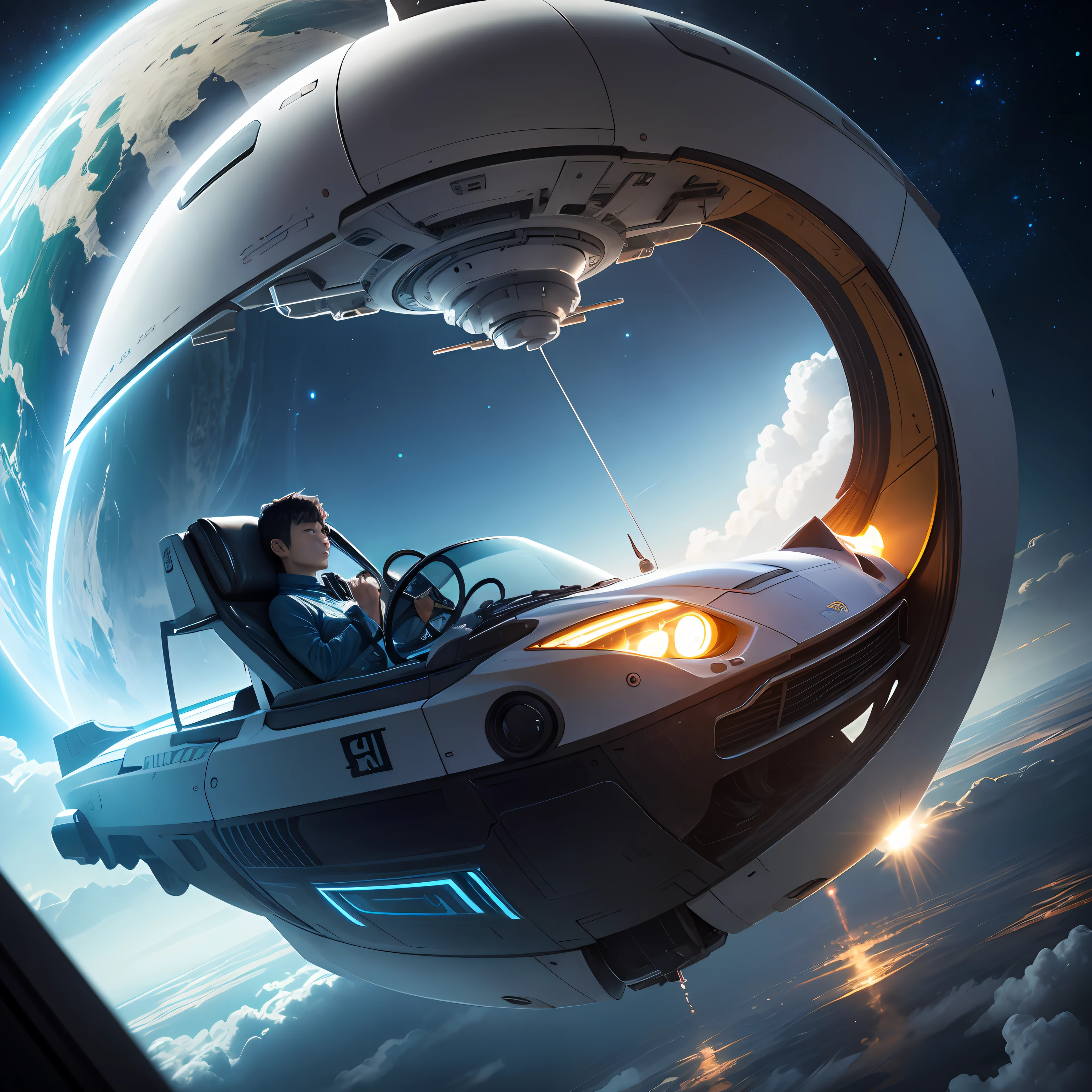 A sci-fi scene where Zhang Jie drives a spaceship in the sky。 --auto