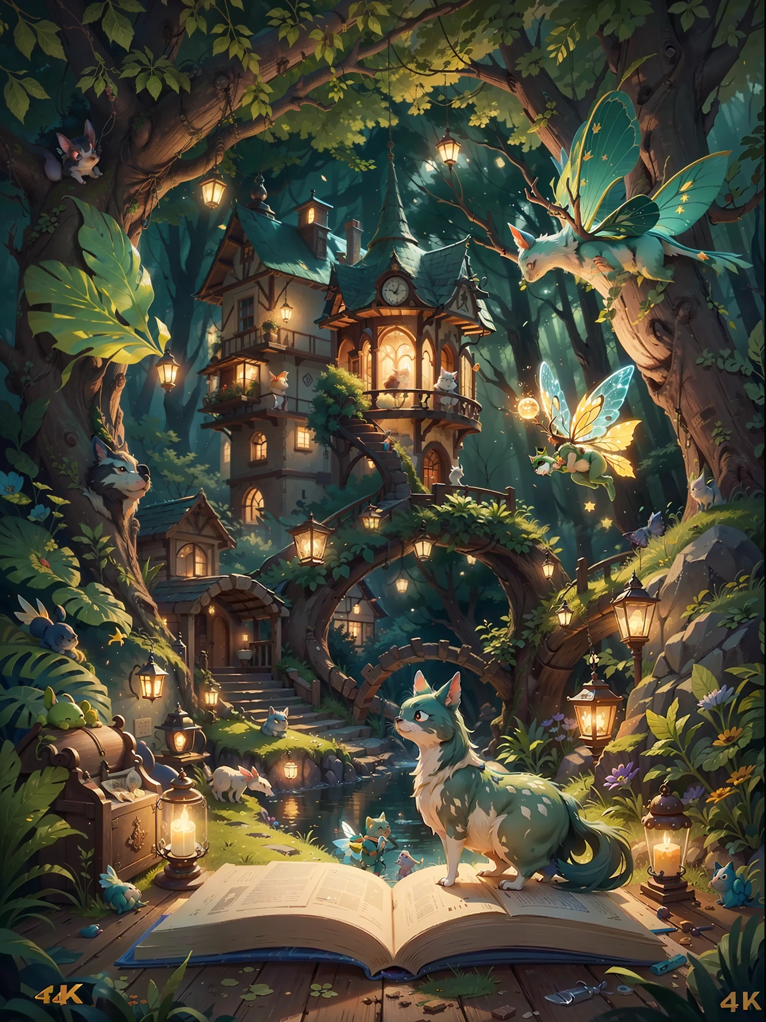 A fantastical fairy tale picture book, open state, animals and magical light emerge from the book, (((4K, masterpiece, high quality, high details)))