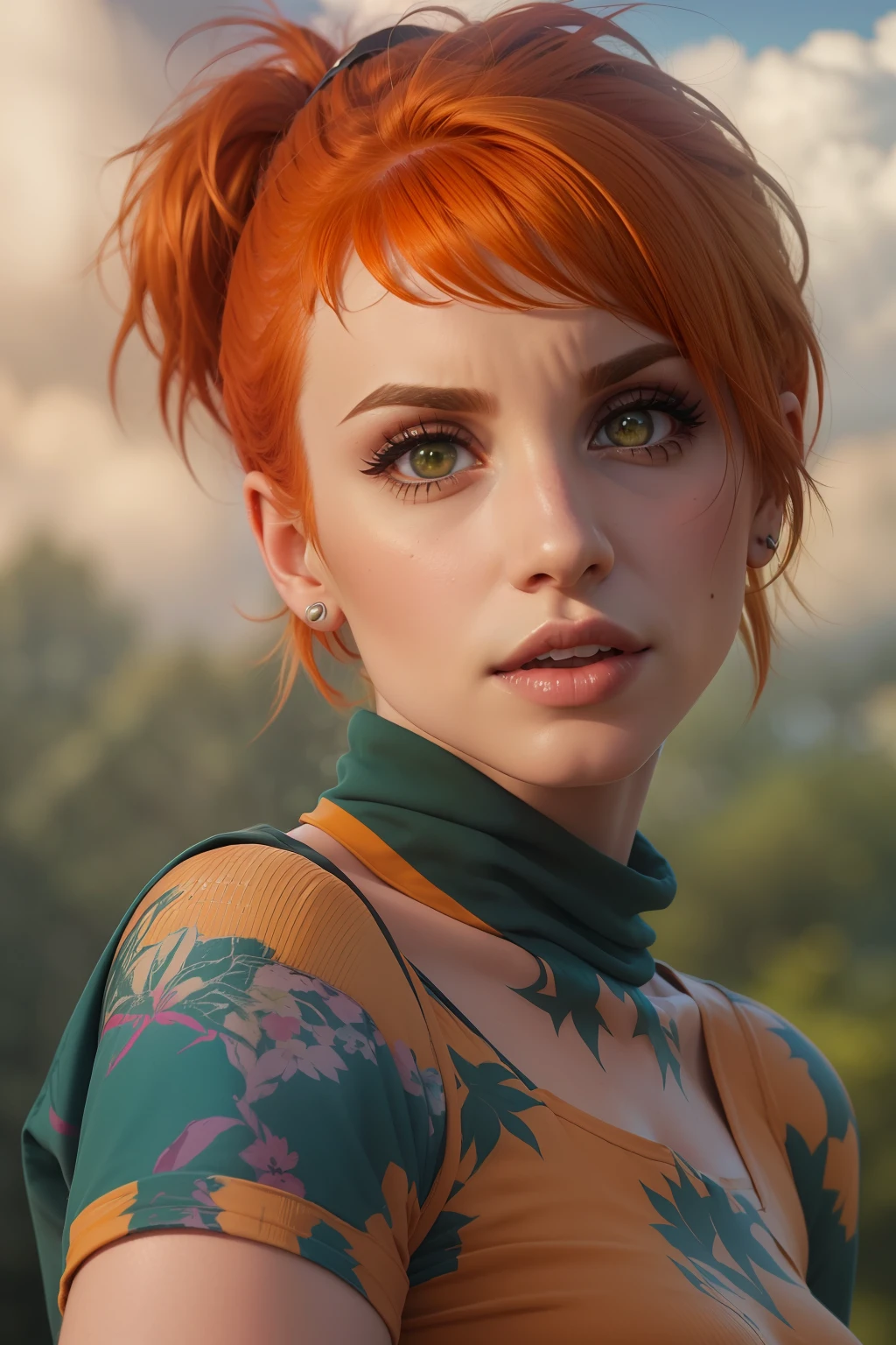 (((Hayley Williams steht in einem Weizenfeld))), ((Weizenfeld)), ((she has round breasts)), (she wears an emerald green top), ((dunkle Gewitterwolken am Himmel)), (kleiner Kopf), ((detailliertes Gesicht)), (fotorealistisch), (Raytracing), (scharfer Fokus), ((natural realistic skin texture)), detaillierte Lippen