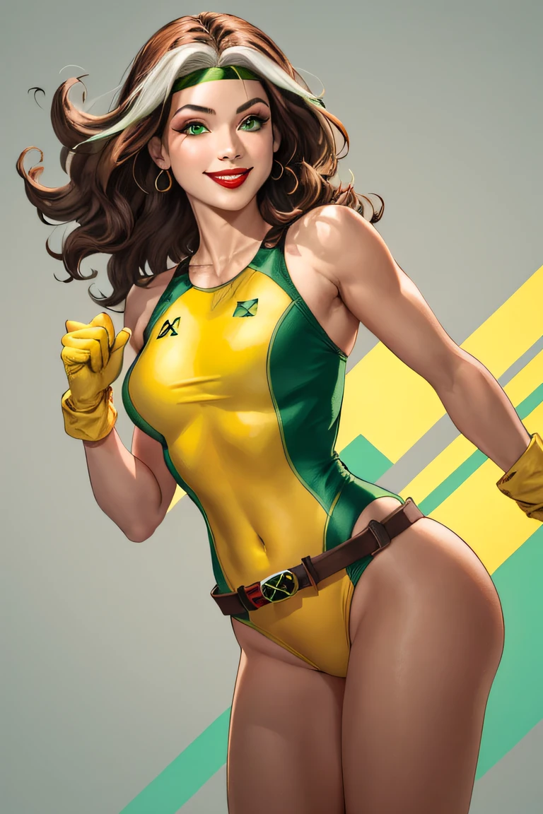 Rogue, Classic, Superhero, Southern Belle, looking at viewer, voluptuous, parted lips,belt, lips, covered navel, makeup, headband, lipstick, multicolored clothes, buckle, belt buckle, red lips, yellow gloves, specular highlights, Rogue of the X-men, nice hands, dynamic angle, dynamic lighting, side lighting, rim lighting, (((yellow and green one-piece swimsuit))), no background, simple background, (((smiling)))