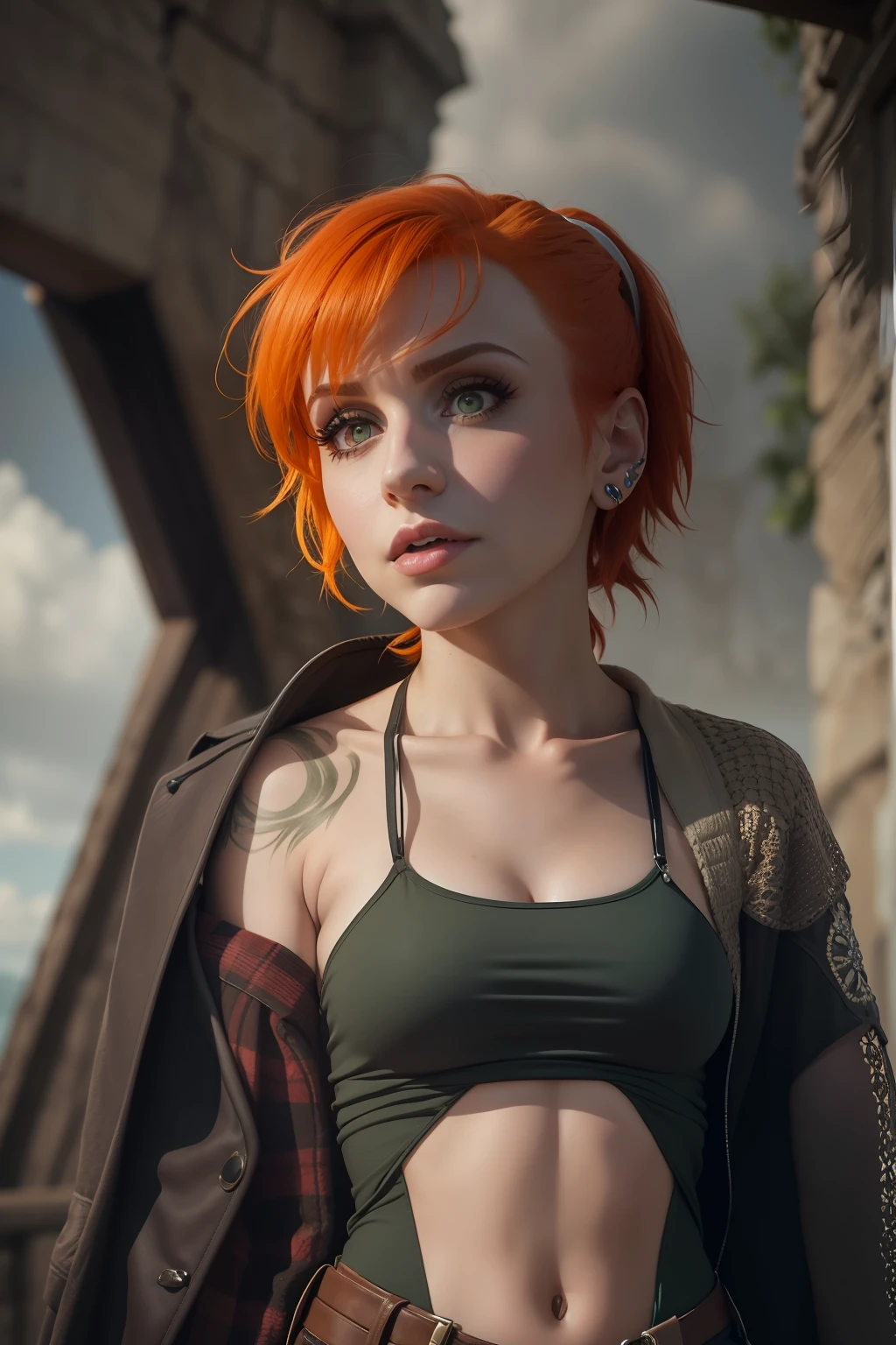 (((Hayley Williams steht in einem Weizenfeld))), ((Weizenfeld)), ((she has round breasts)), (she wears an emerald green top), ((dunkle Gewitterwolken am Himmel)), (kleiner Kopf), ((detailliertes Gesicht)), (fotorealistisch), (Raytracing), (scharfer Fokus), ((natural realistic skin texture)), detaillierte Lippen