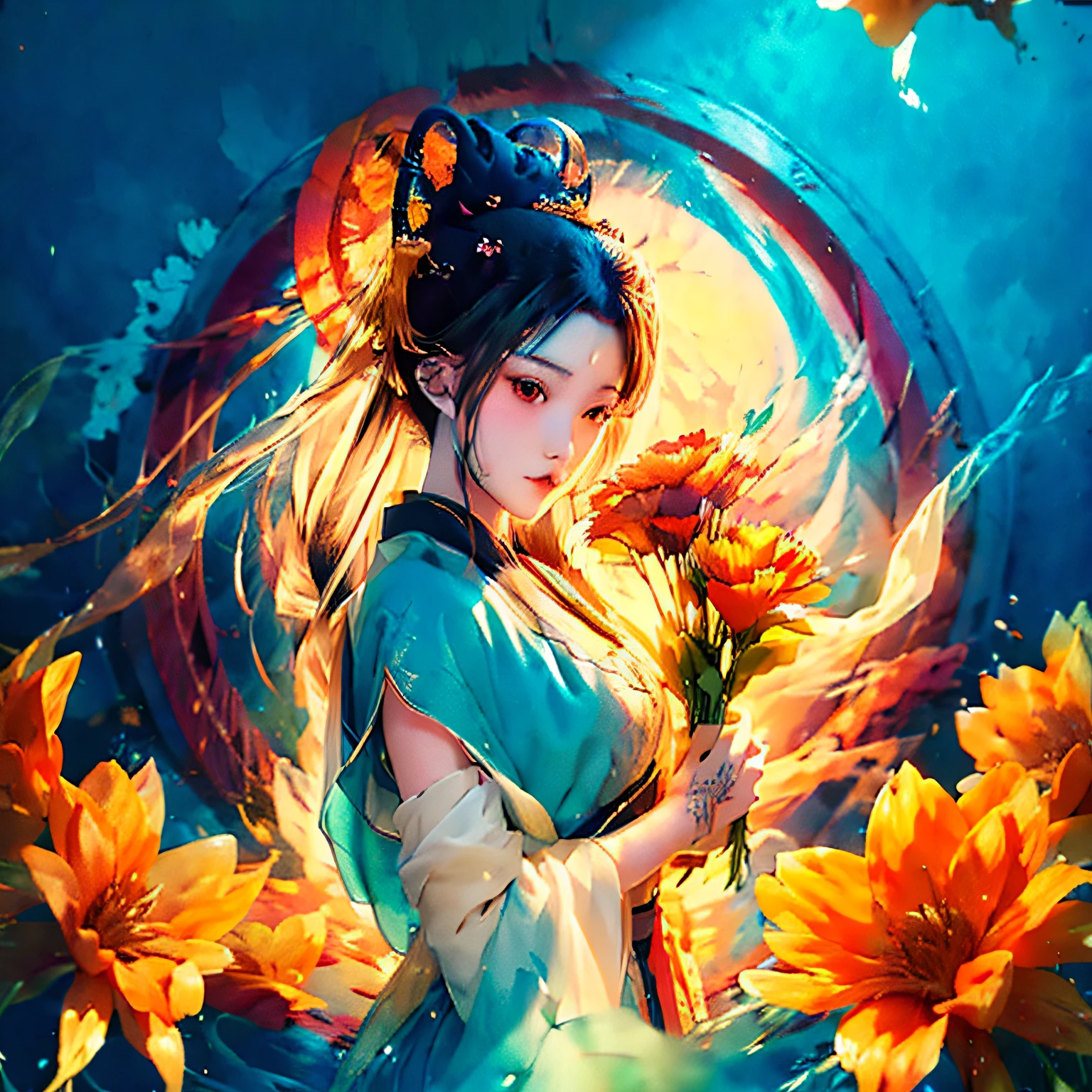 Anime girl holding a bouquet of flowers in her hand,High quality anime art style,8k wallpaper,tmasterpiece,Best quality at best,ultra - detailed, Beautiful anime style,Hanfu,(focal point),colored ink drawing,(Splash color),Splash color --auto
