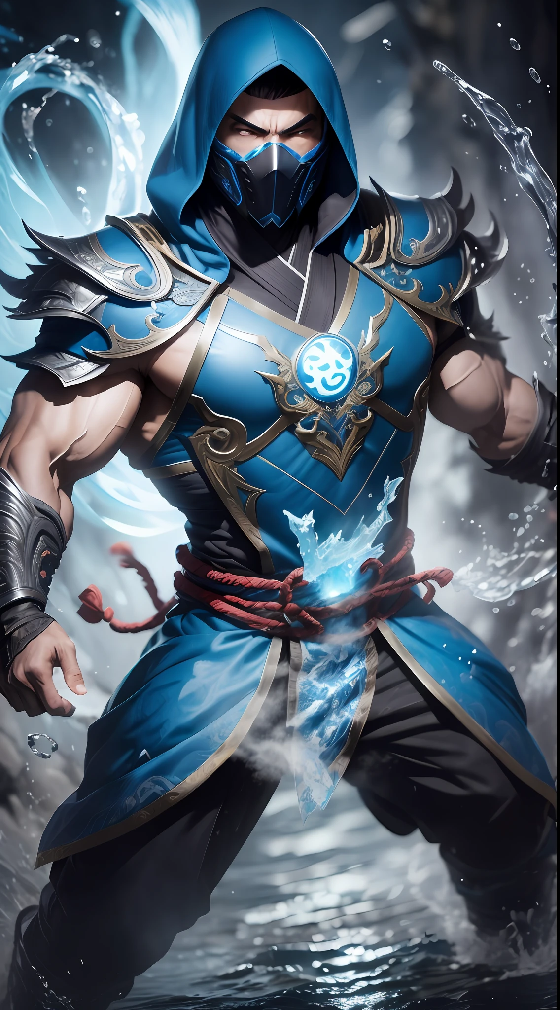 1man, portrait of mksubzero , Kuai Liang, group of ninjas in the background, glowing blue eyes, ice, blue and black suit, bare arms, blue hood, cold, energy, aura, swirl water, ornate, detail, full body shot, mask, best quality, high resolution:1.2