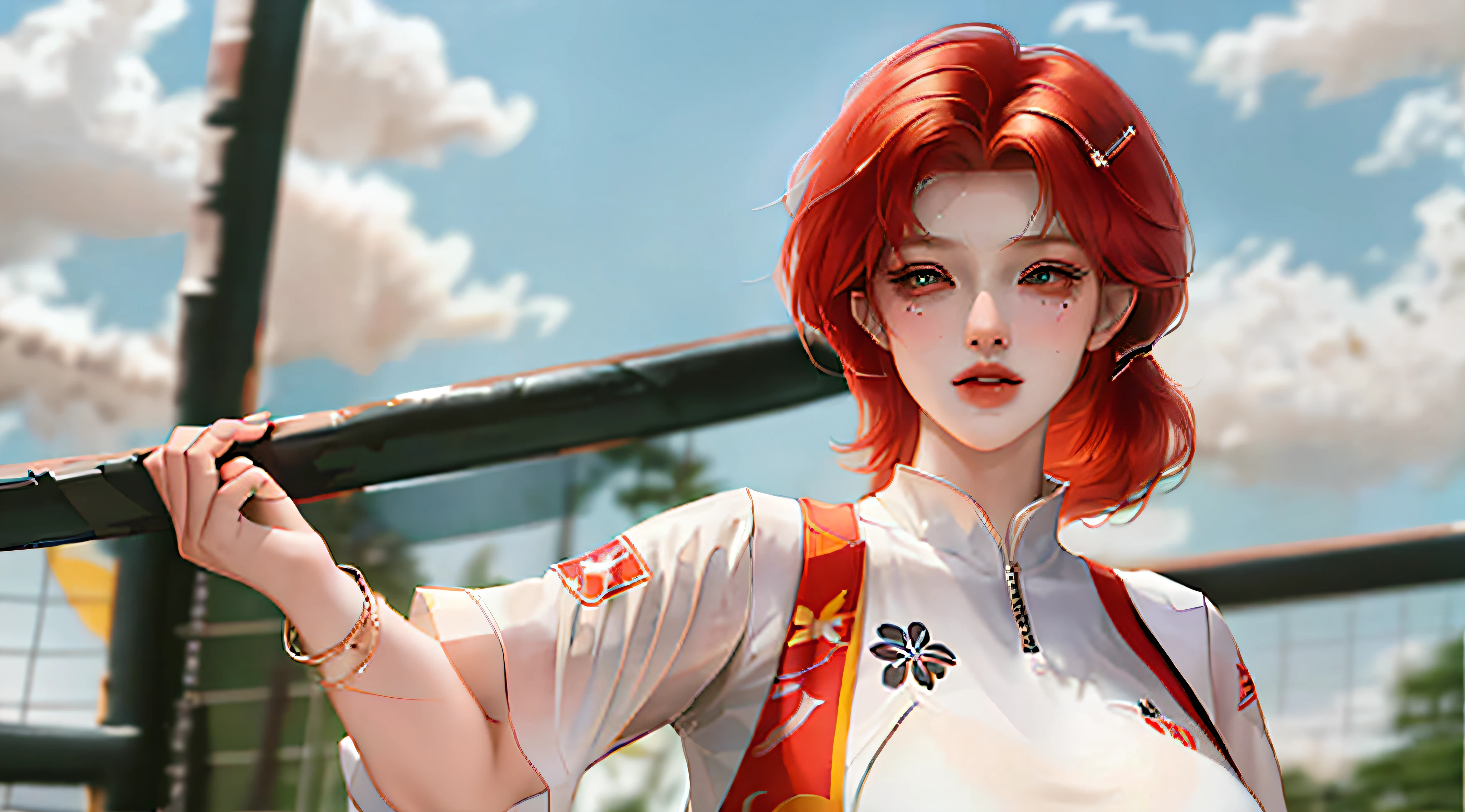 Masterpiece:1.2, Best quality), Realistic, (Real picture, Intricate details, Depth of field), (1girll, Solo), make up, parted lip, highly detailed, Perfect face,
(Huge breasts:1.4), (skin indentation), Thick thighs, Wide hips, Small waist, Tall, glossy coral lips,
red hair, Red eyes, pony tails,
(A girl playing volleyball, white volleyball suit), (full of sweat:1.2), (Wet), Sexy, Blushing,